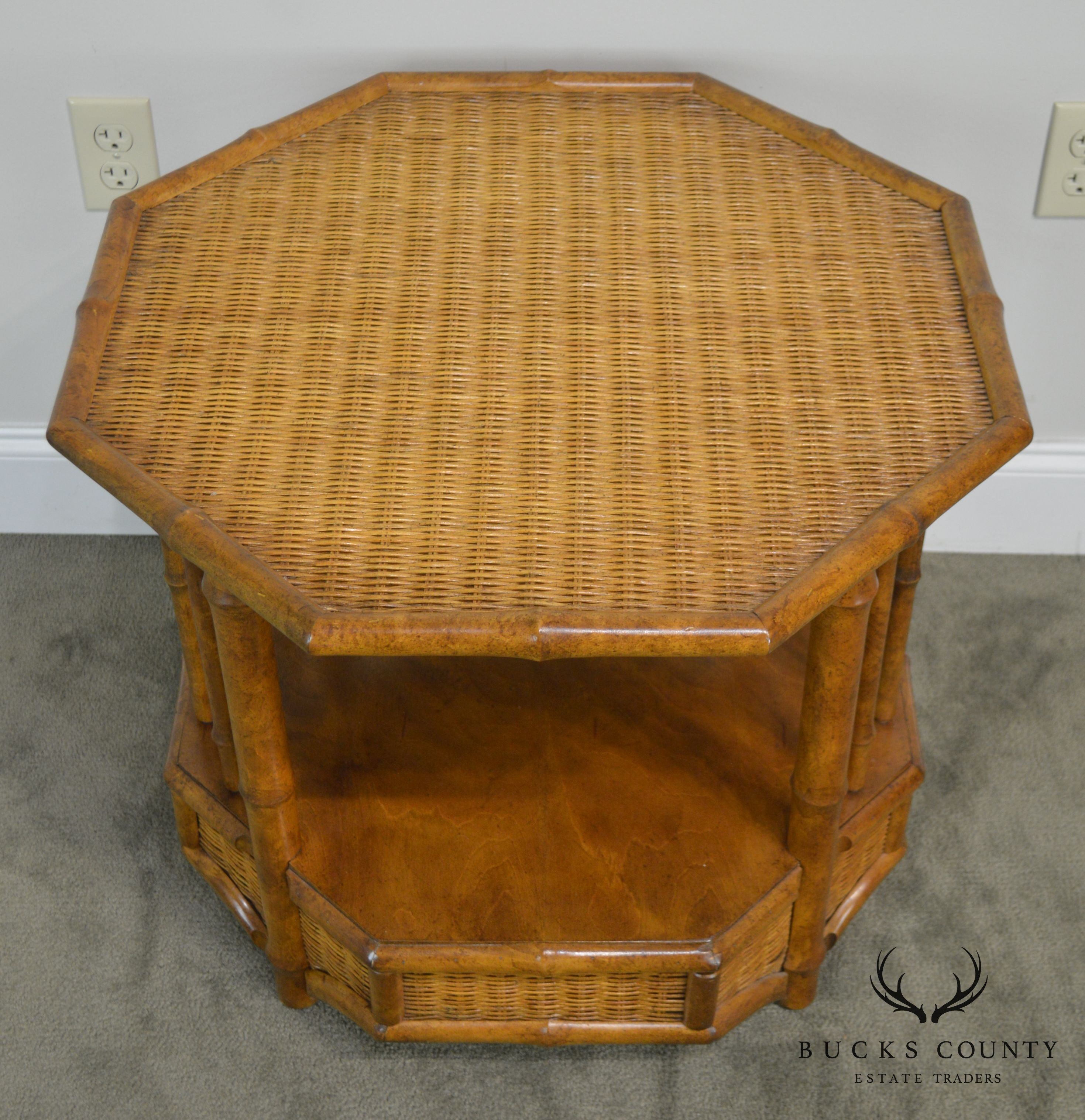 Faux Bamboo Octagon Wicker Top Side Table