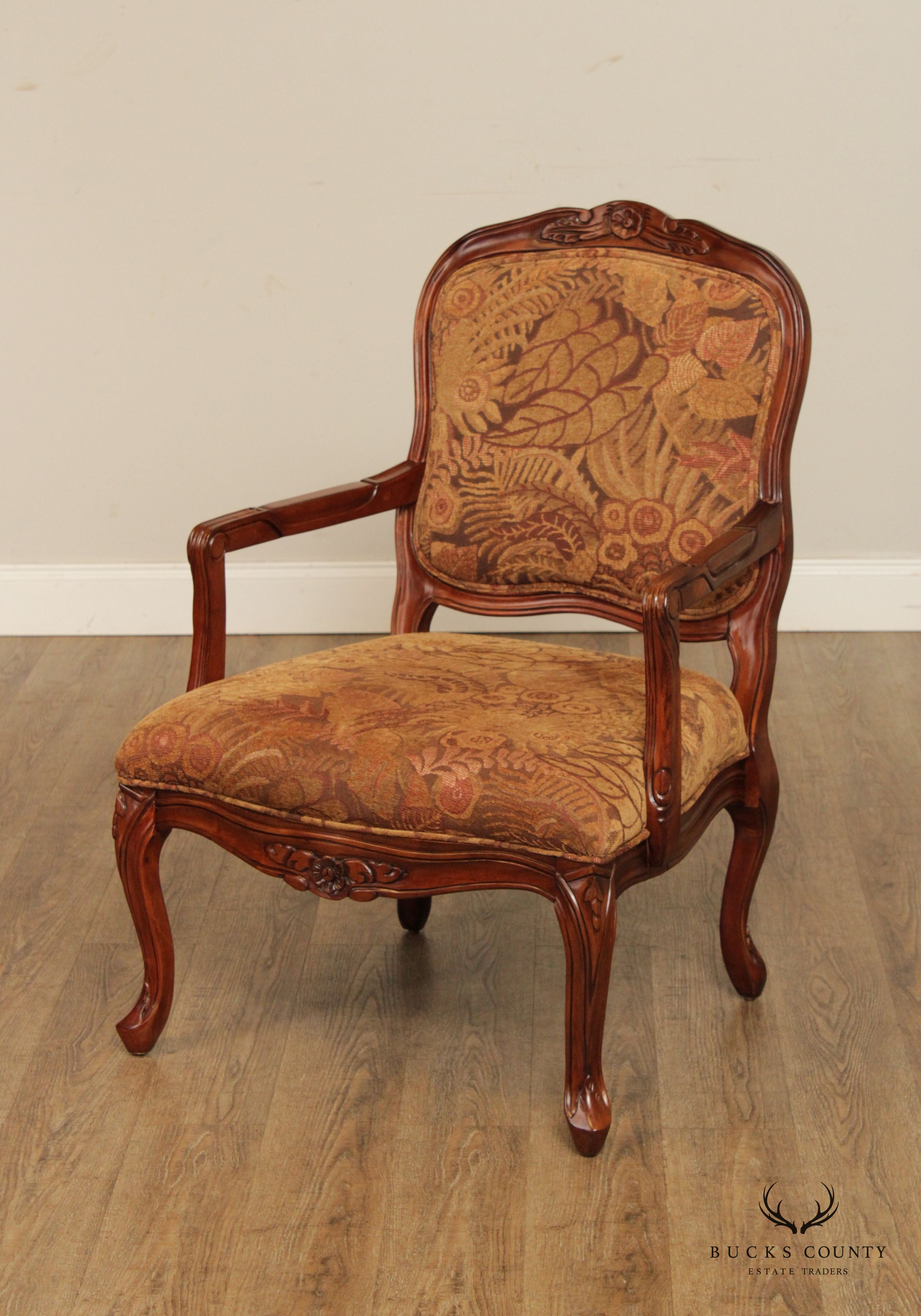 French Louis XV Style Pair of Carved Fruitwood Fauteuil Armchairs