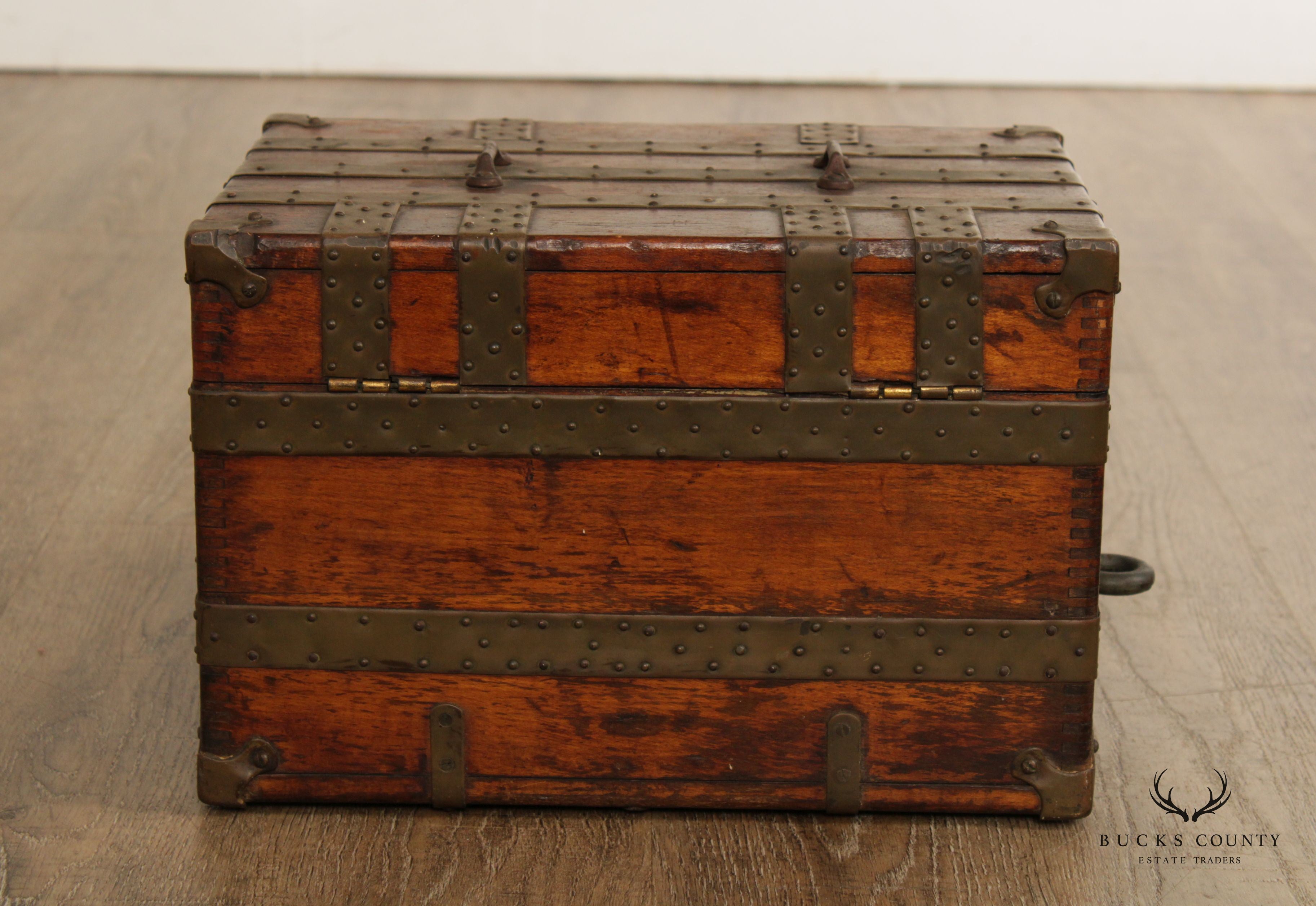 Antique Rustic Wood and Metal Small Storage Steamer Chest Trunk