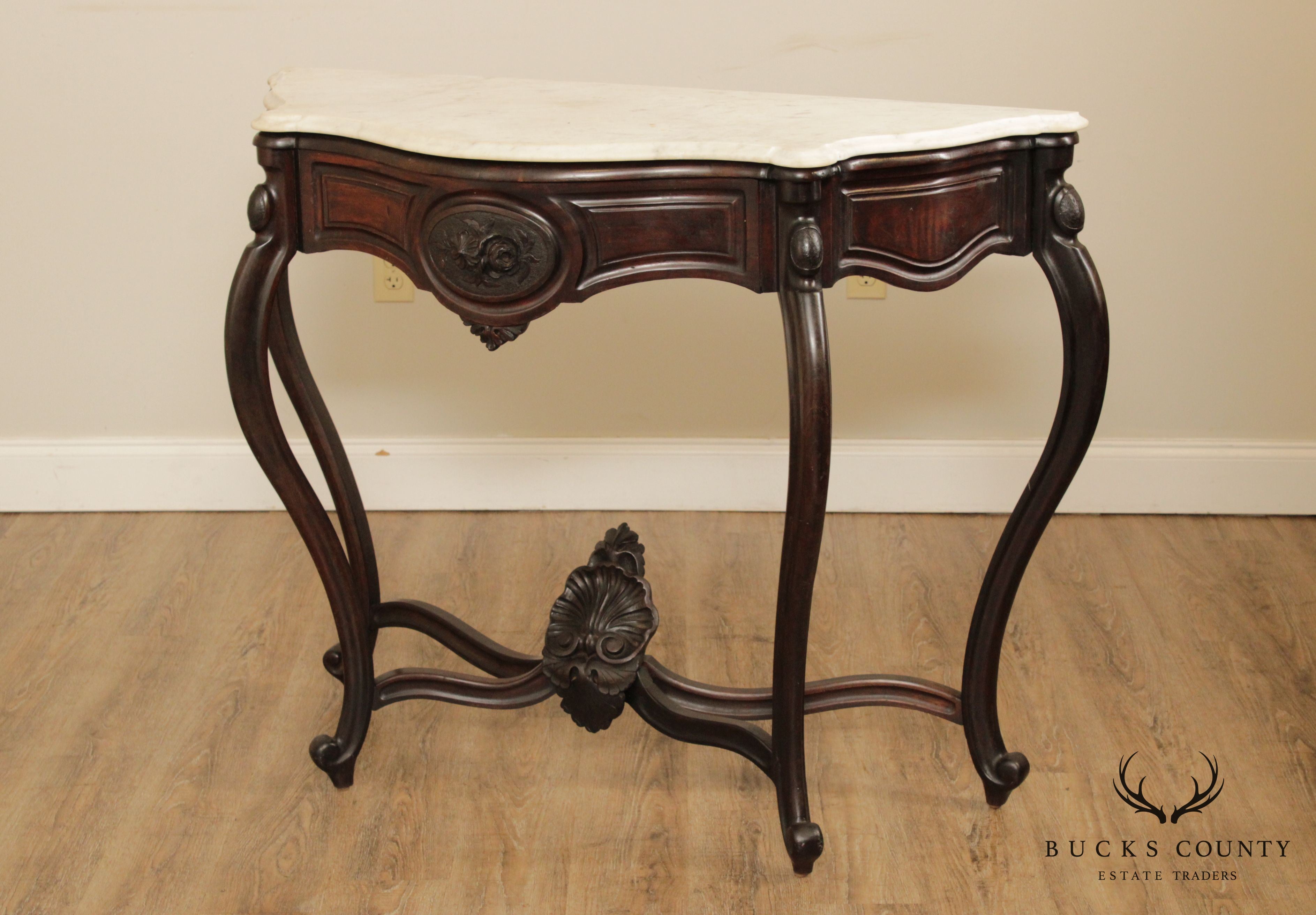 Antique Victorian Renaissance Revival Marble Top Walnut Console Table