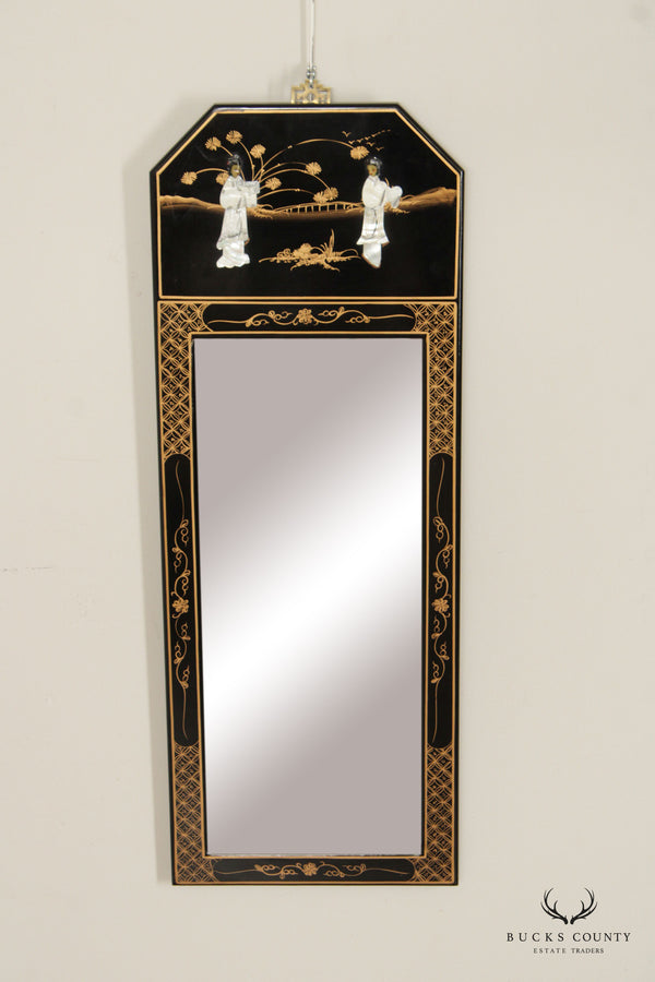 Chinoiserie Decorated Black Lacquer Trumeau Mirror