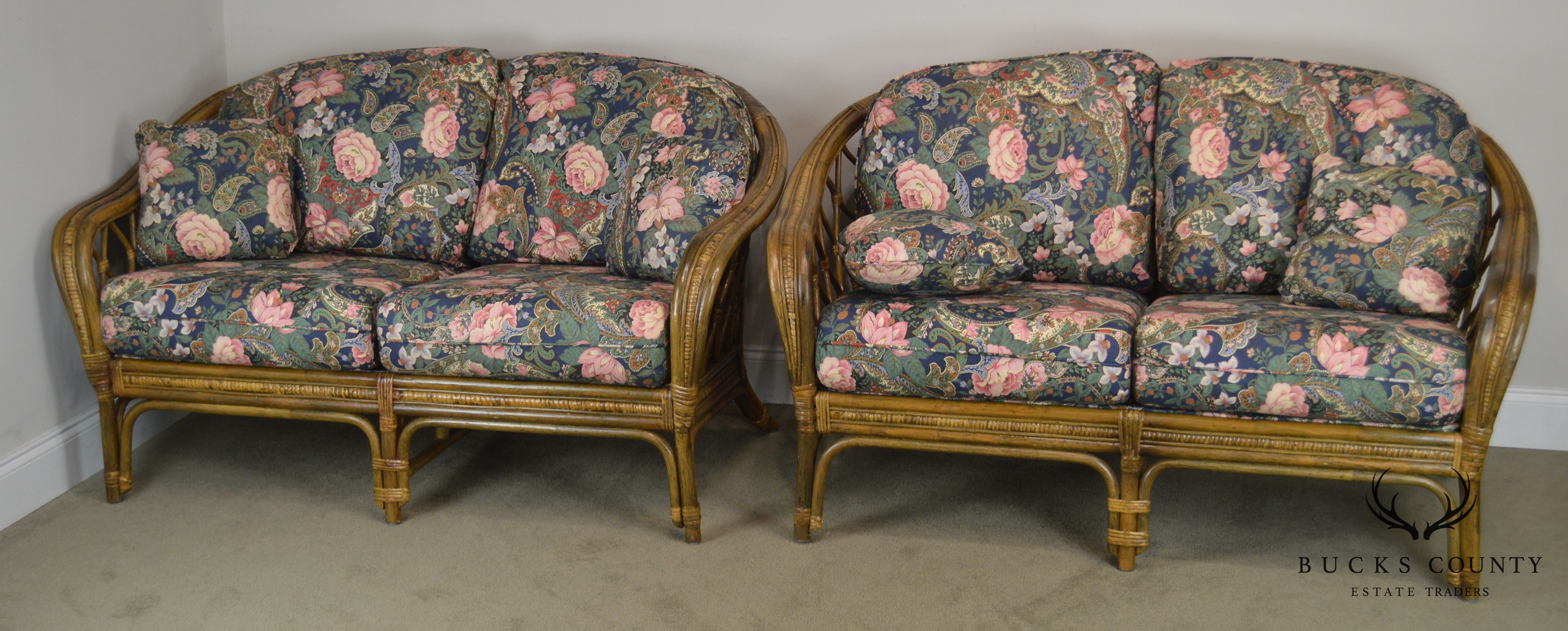 Quality Rattan Pair Curved Back Loveseats with Custom Floral Upholstered Cushions