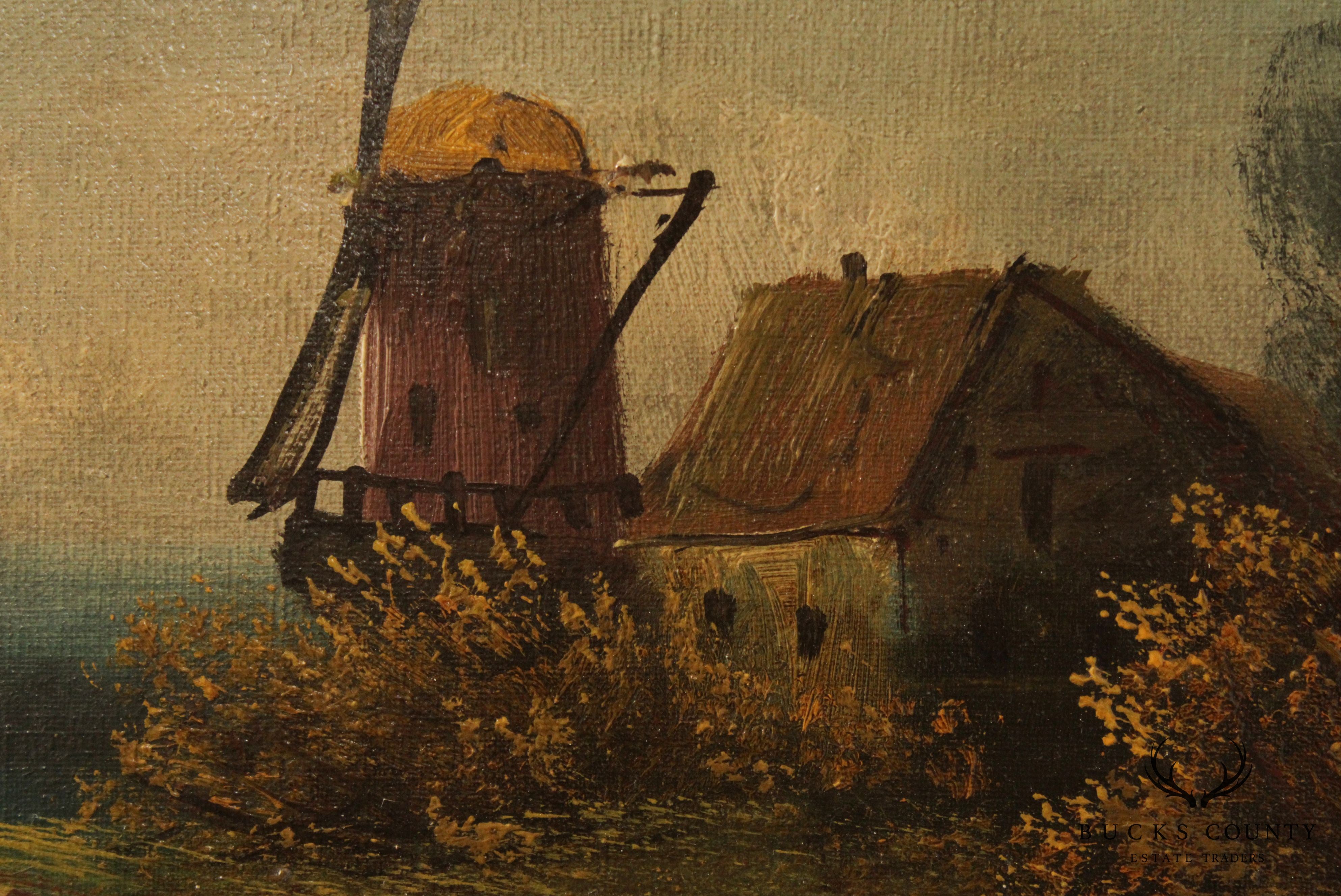 Antique 19th C. Dutch Windmill Cottage Original Painting