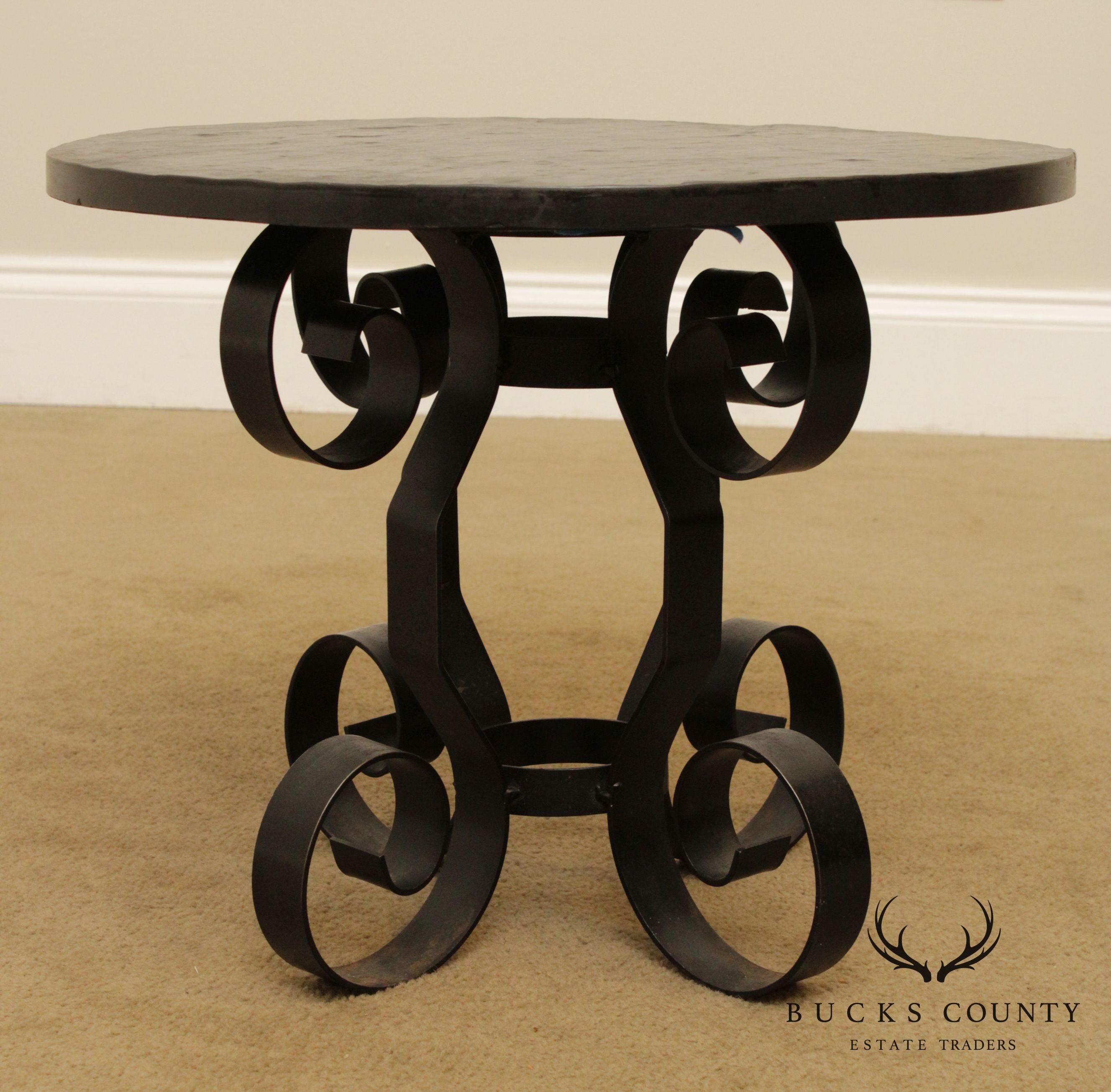 Mid Century Wrought Iron 20 inch Round Slate Top Side Table