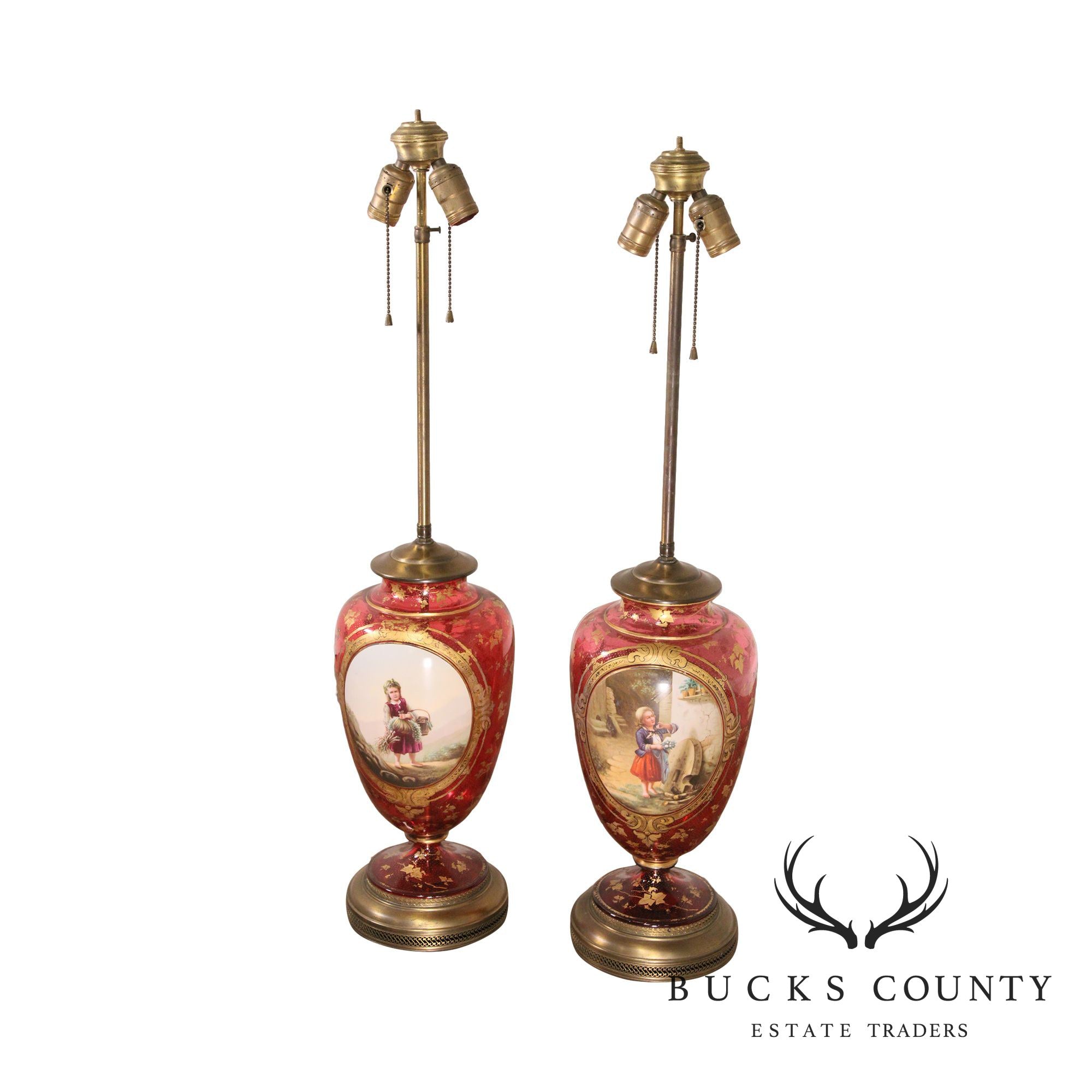 Pair Large Bohemian Red Glass Vase Lamps Overlaid with Gilt Ivy and Decoration