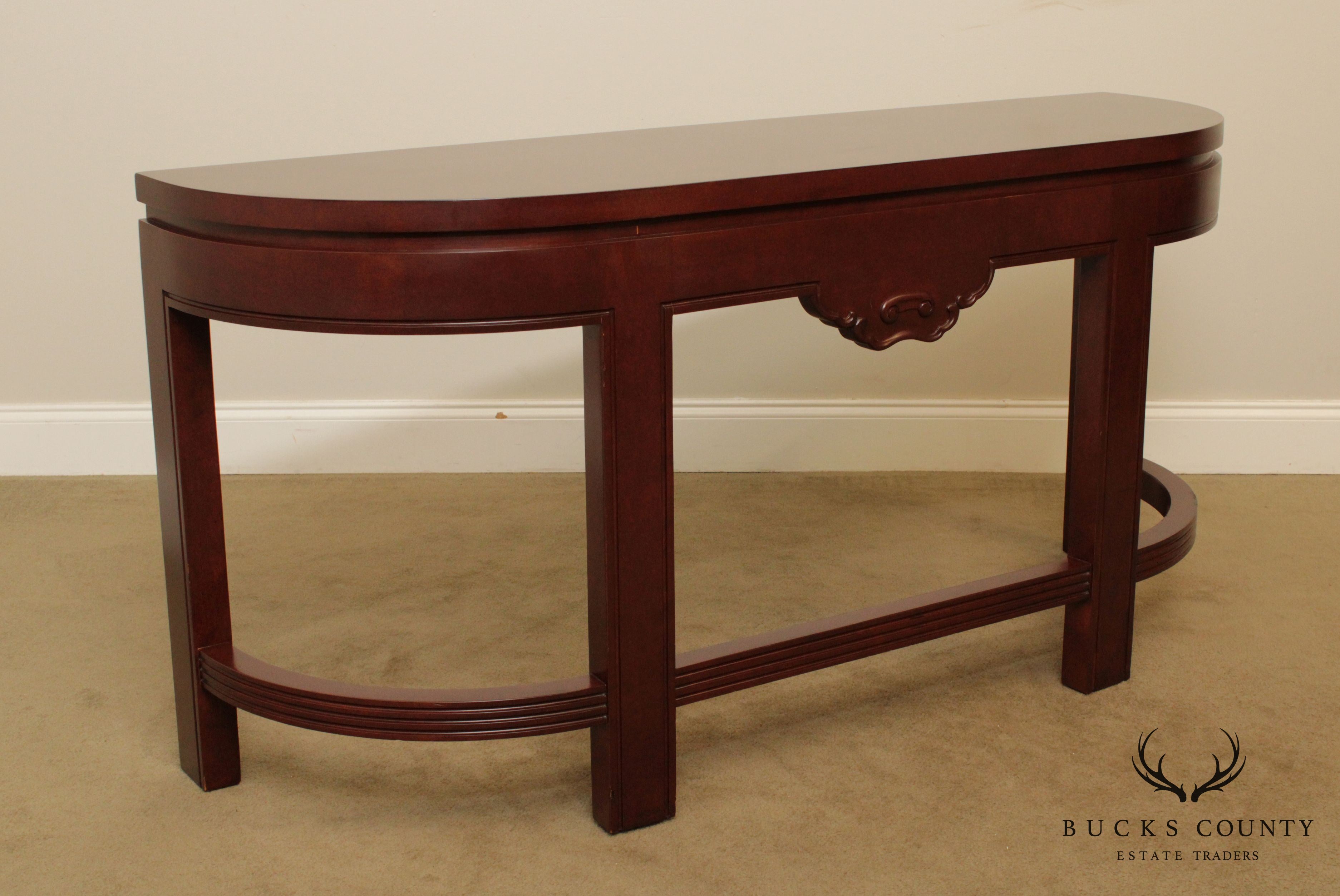 Asian Influenced Mahogany 60 inch Demilune Console Table