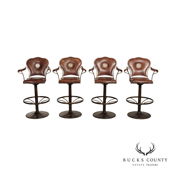 Rustic Style Set of Four Wrought Iron and Leather Bar Stools