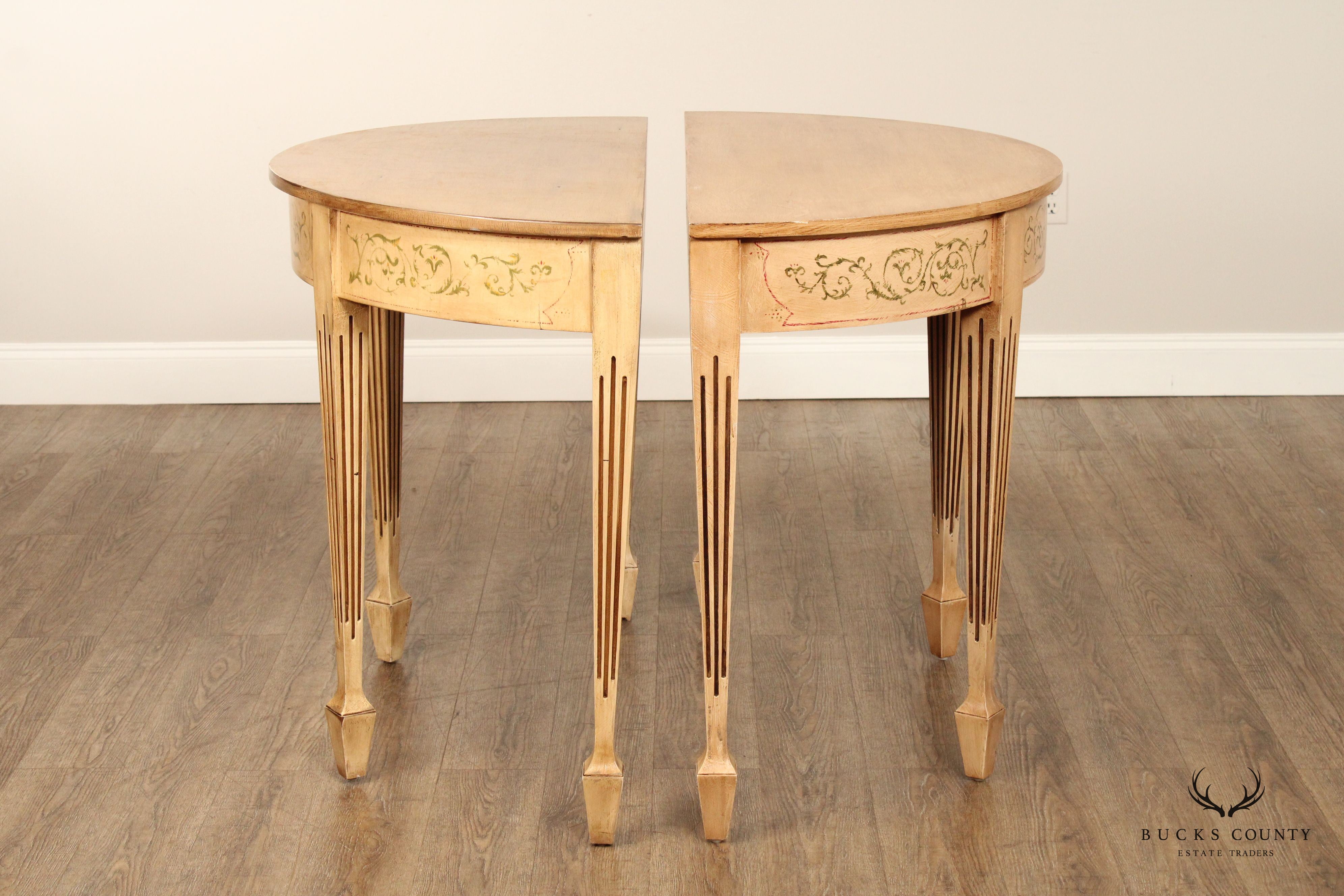 Adam Style Pair of Paint Decorated Demilune Console Tables