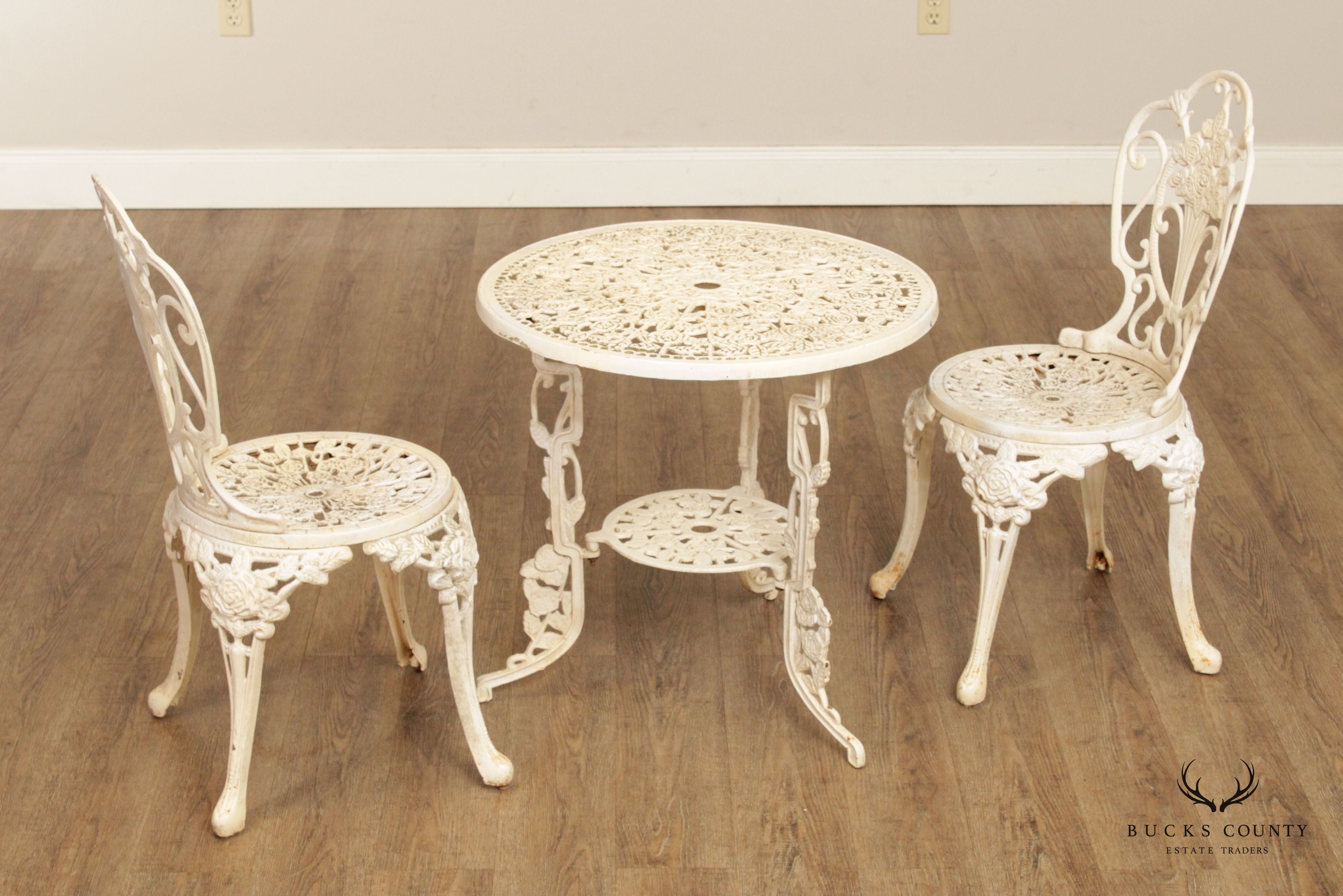 Victorian Style Vintage Cast Iron Three Piece Garden Table and Chairs Set