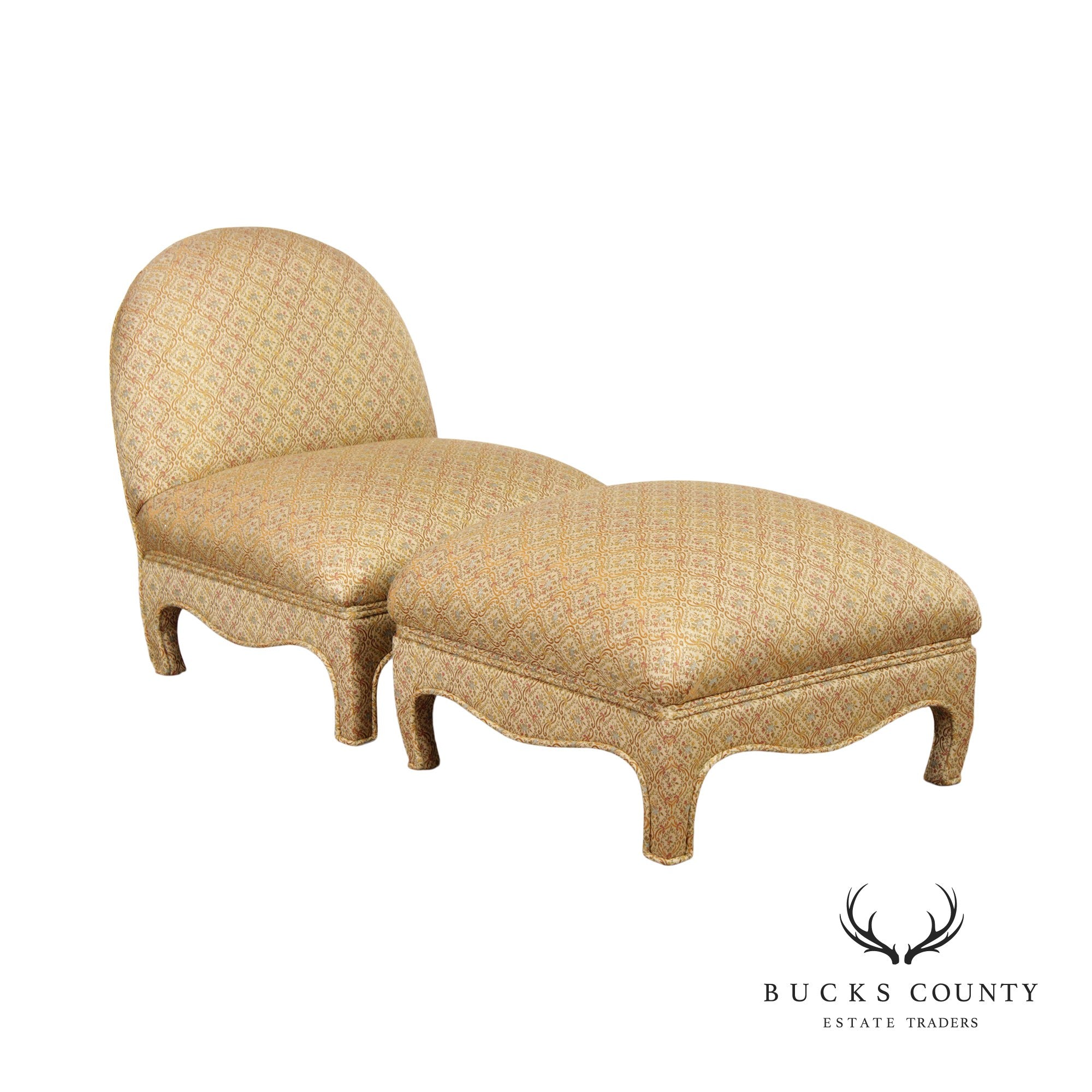 Hollywood Regency Style Custom Upholstered Chair and Ottoman