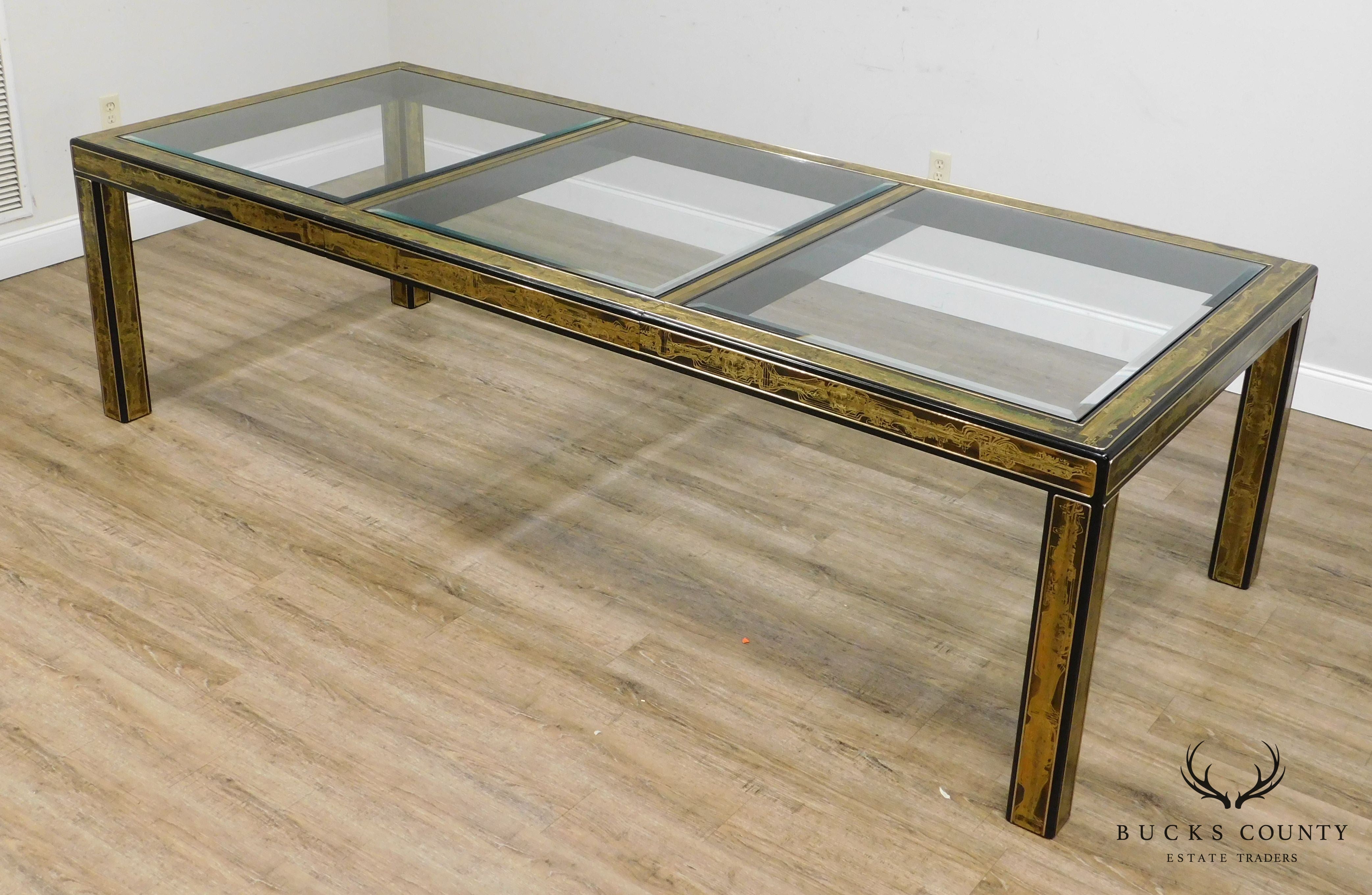 Bernard Rohne Mastercraft Acid Etched Brass, Glass Top Expandable Dining Table