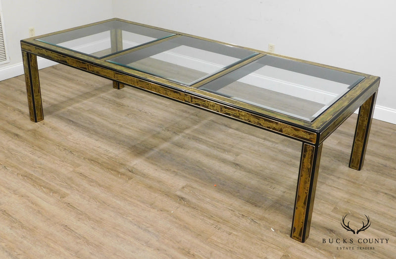 Bernard Rohne Mastercraft Acid Etched Brass, Glass Top Expandable Dining Table