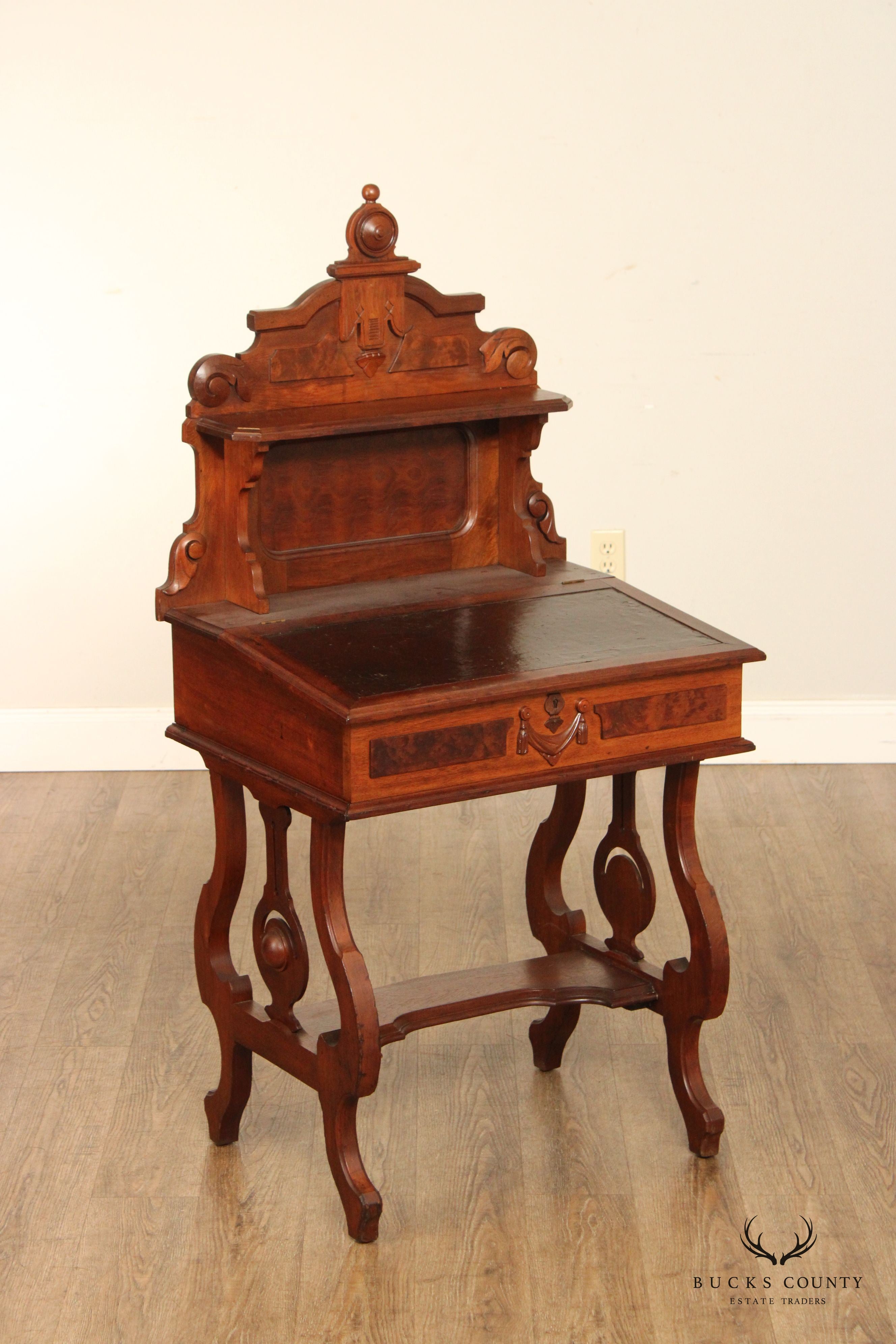 Antique Victorian Carved Walnut Secretary Desk