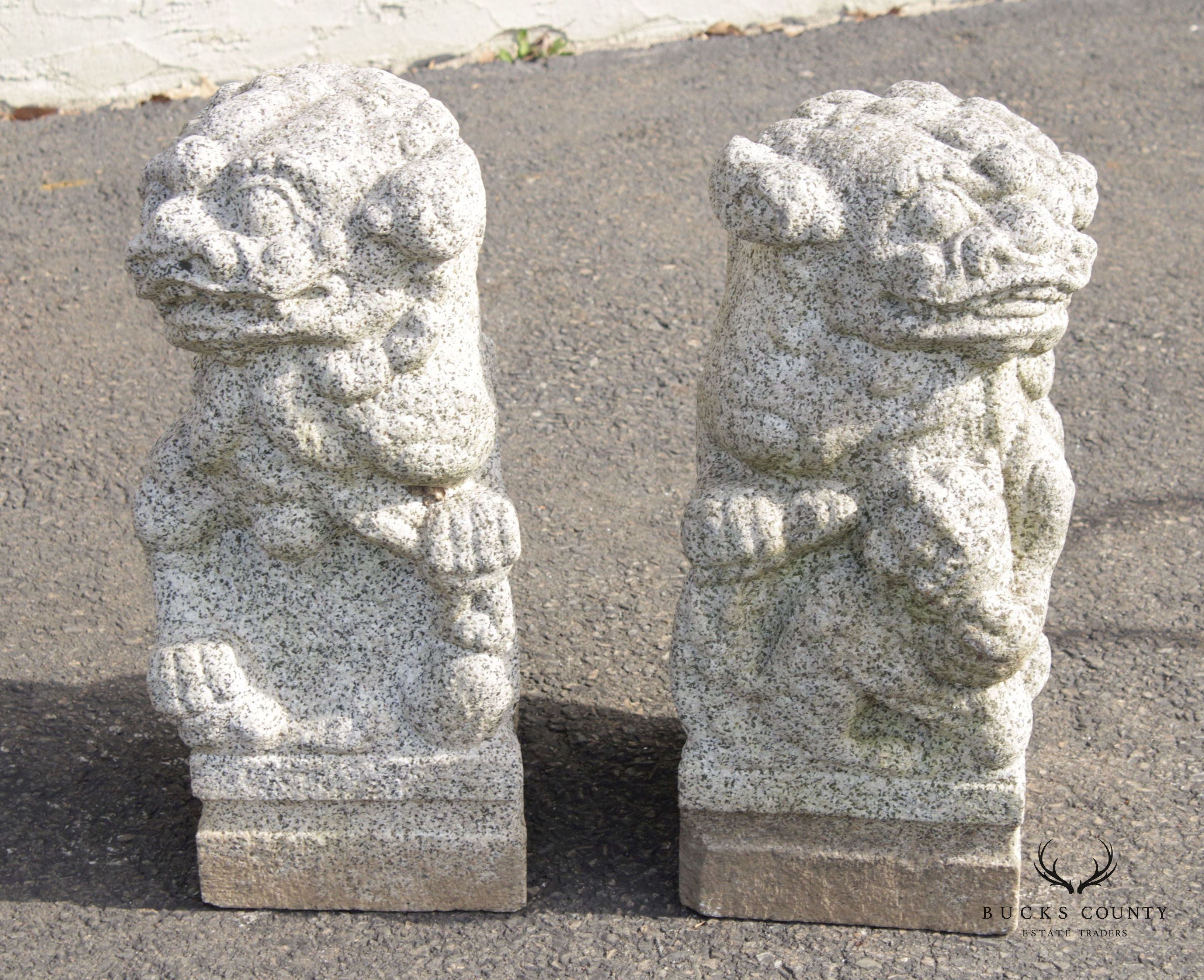 Vintage Chinese Granite Carved Pair of Foo Dog Garden Statues