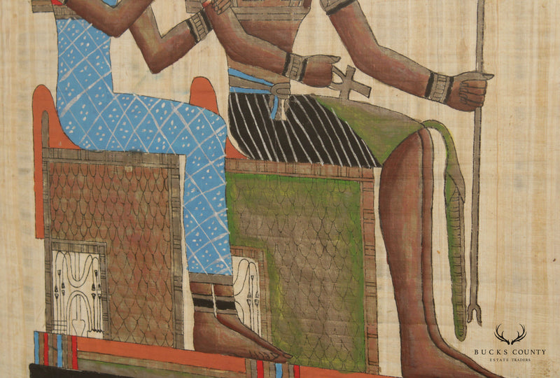 Vintage Pair Egyptian Paintings on Papyrus, Custom Framed