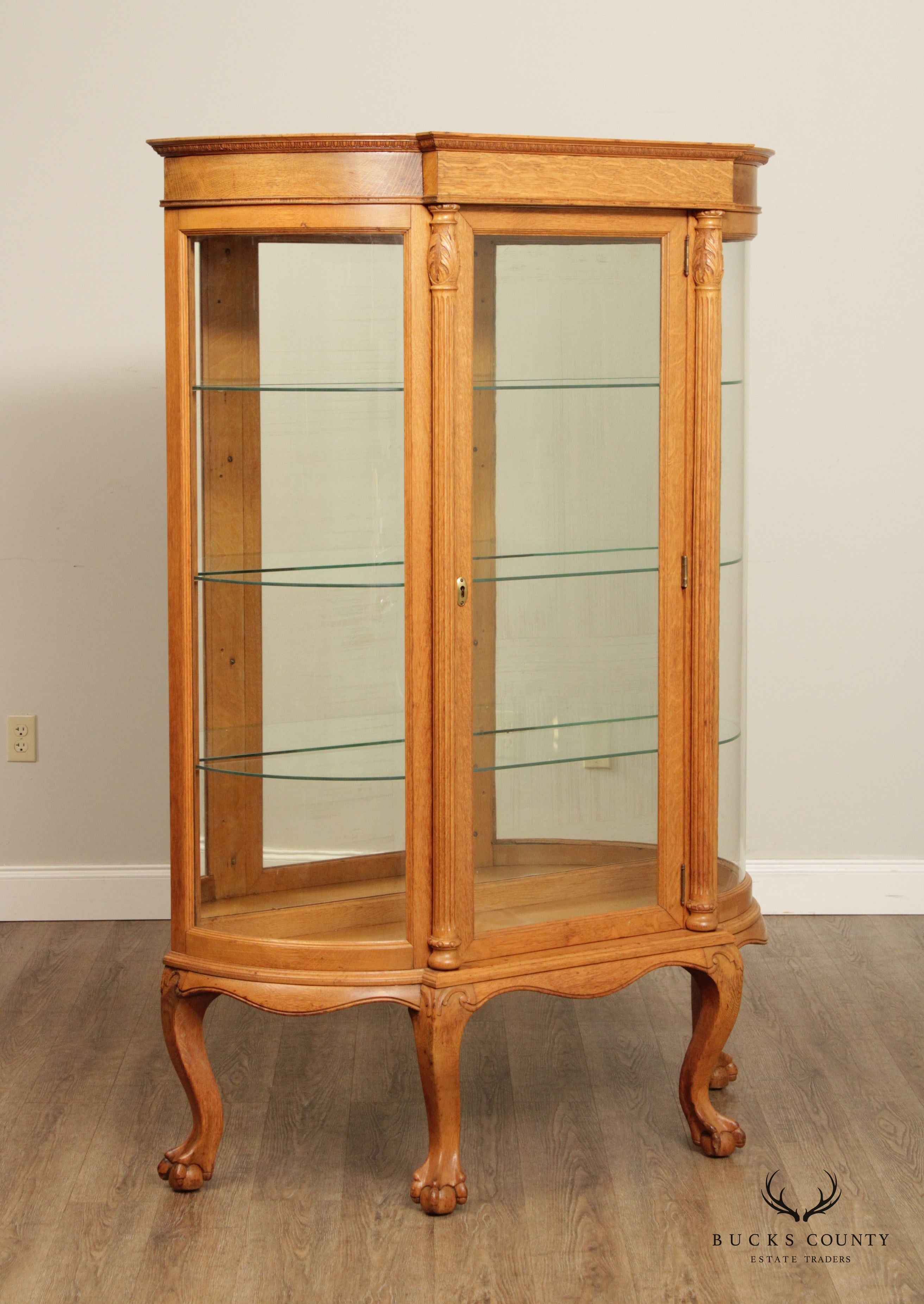 Antique 19th C. Victorian Carved Oak Bow Front Curio China Cabinet