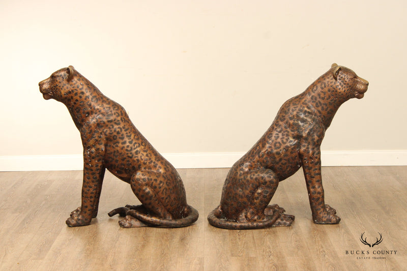 Life-Size Pair of Bronze Sitting Leopard Statues