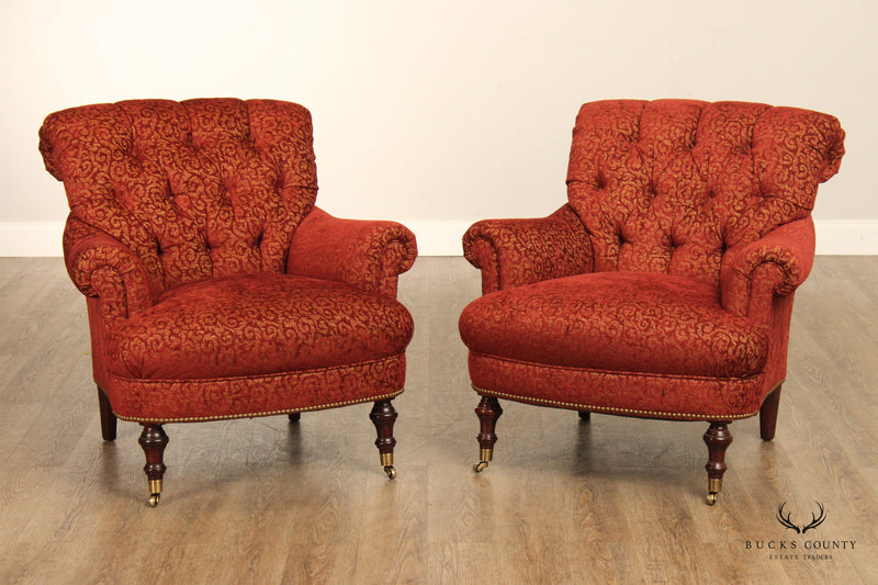 Edward Ferrell Pair of Tufted Rolled Arm Lounge Chairs