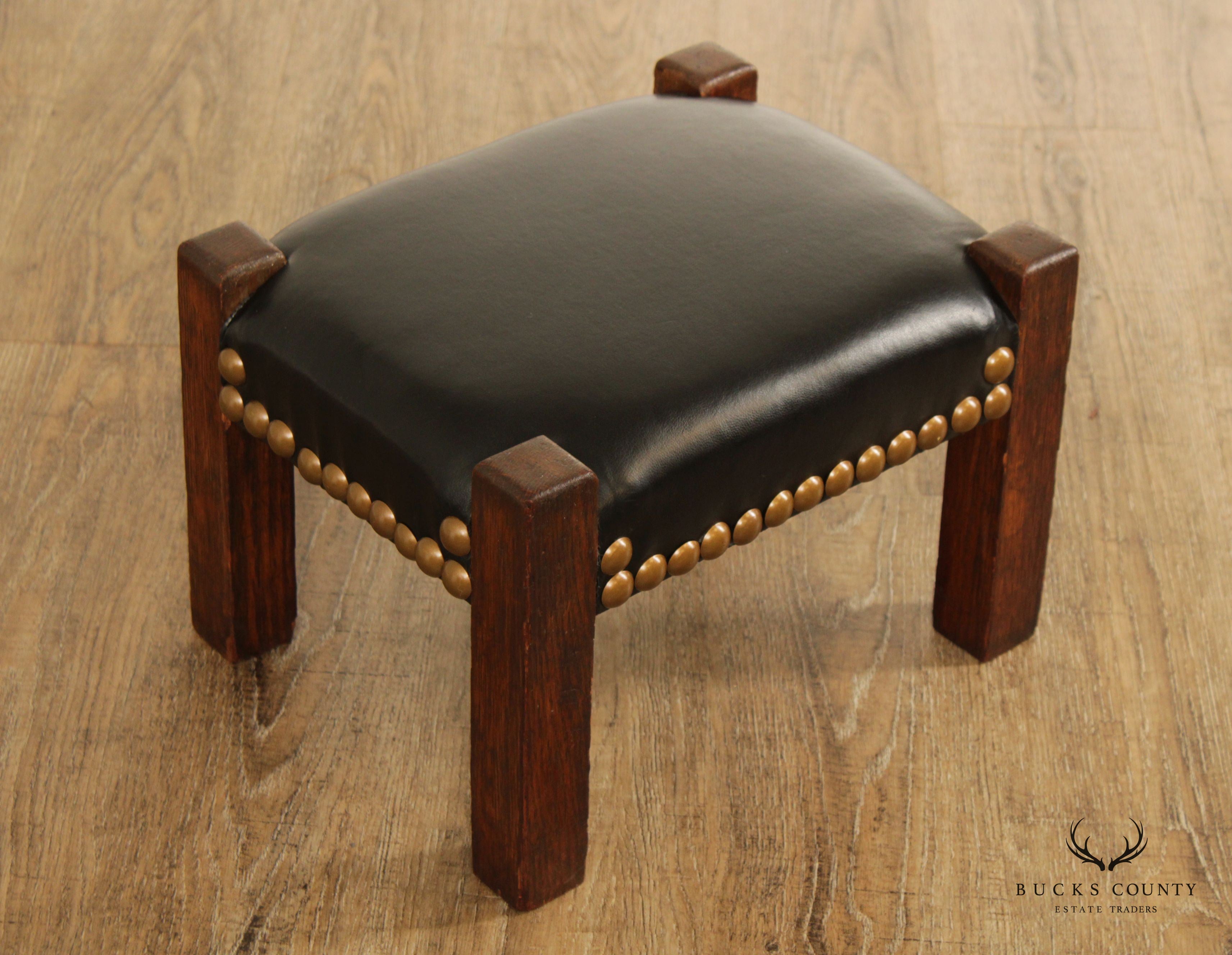 Mission Style Antique Oak and Leather Foot Stool