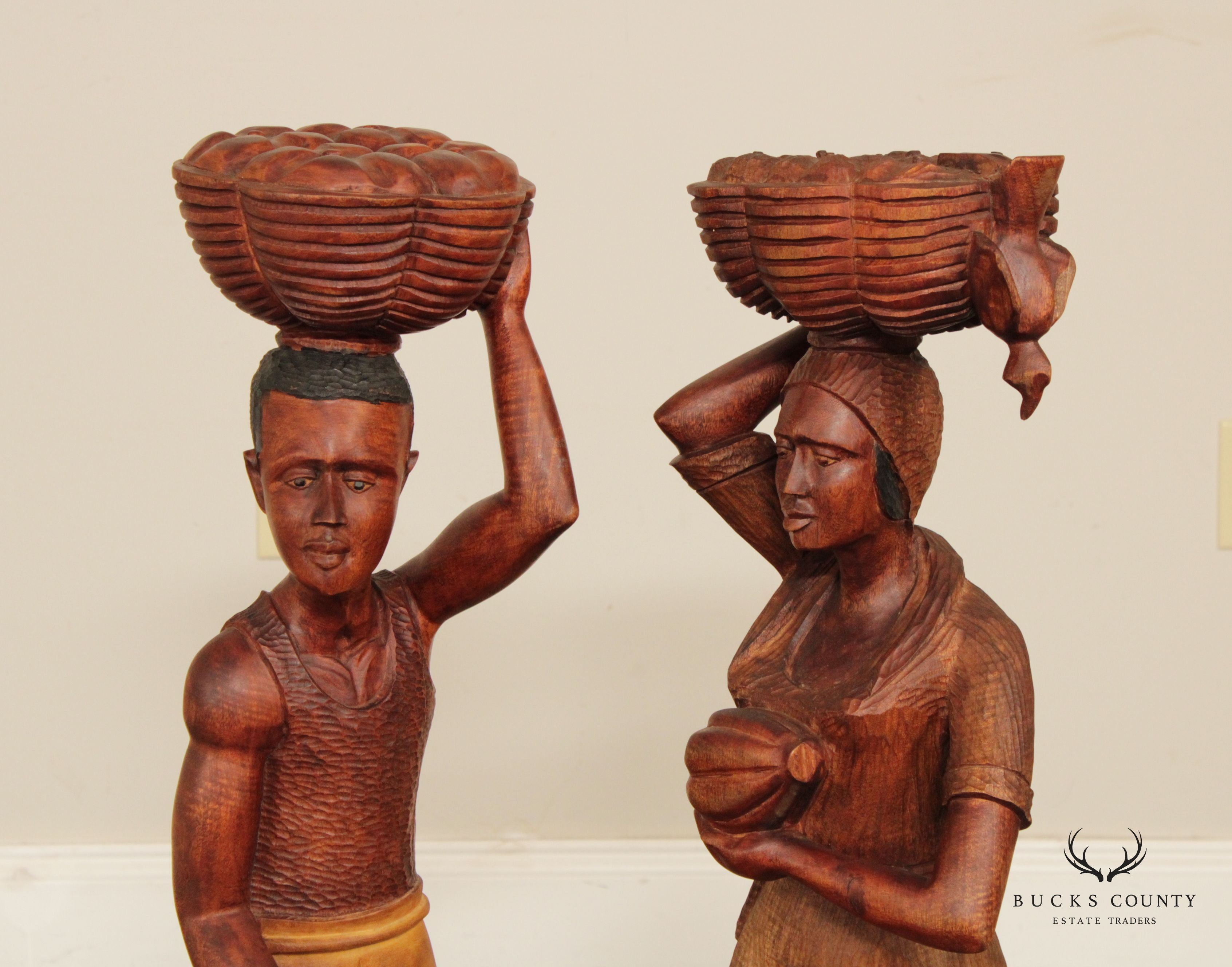 Vintage Pair Haitian Carved Wood Figural Statues, Signed