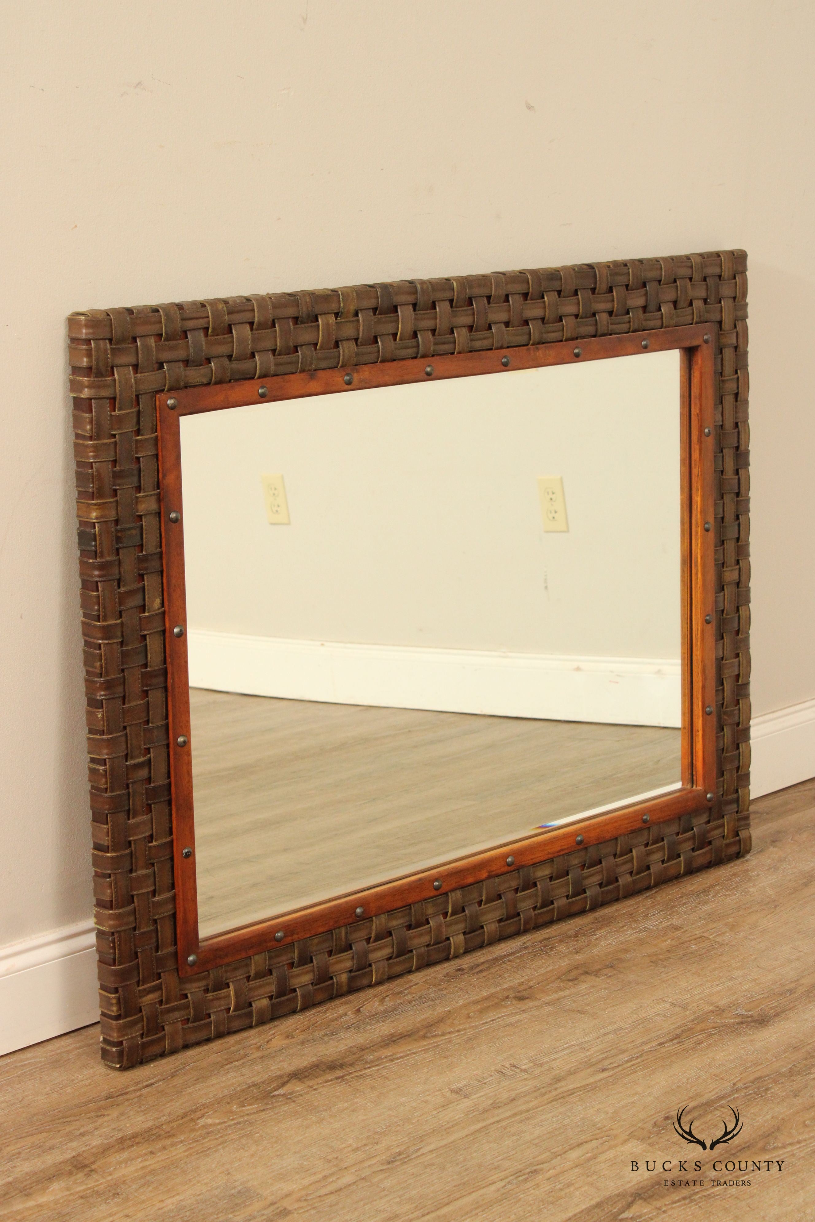 Woven Leather and Wood Frame Mantel Mirror