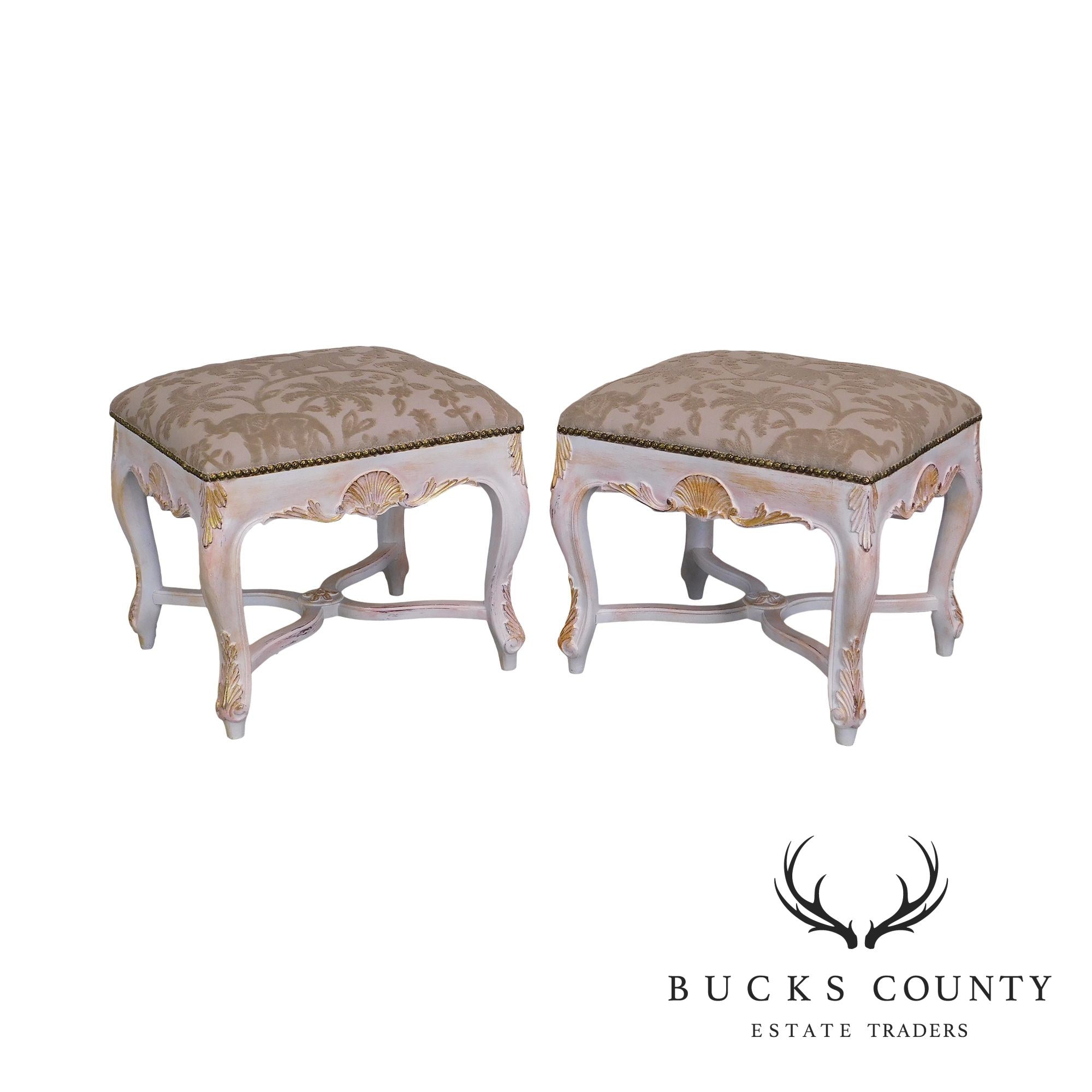 Italian Rococo Style Gilt & Painted Carved Pair Stools