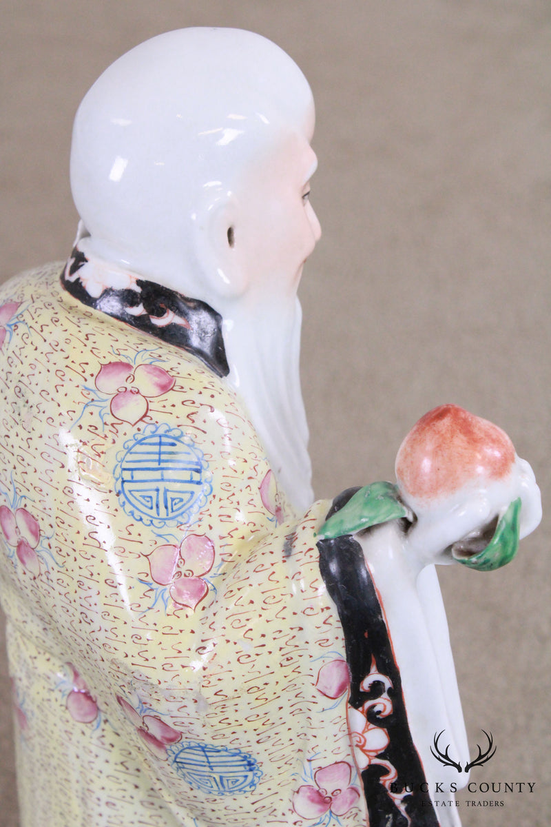 Porcelain Figure Shouxing Chinese God of Longevity Wood Base
