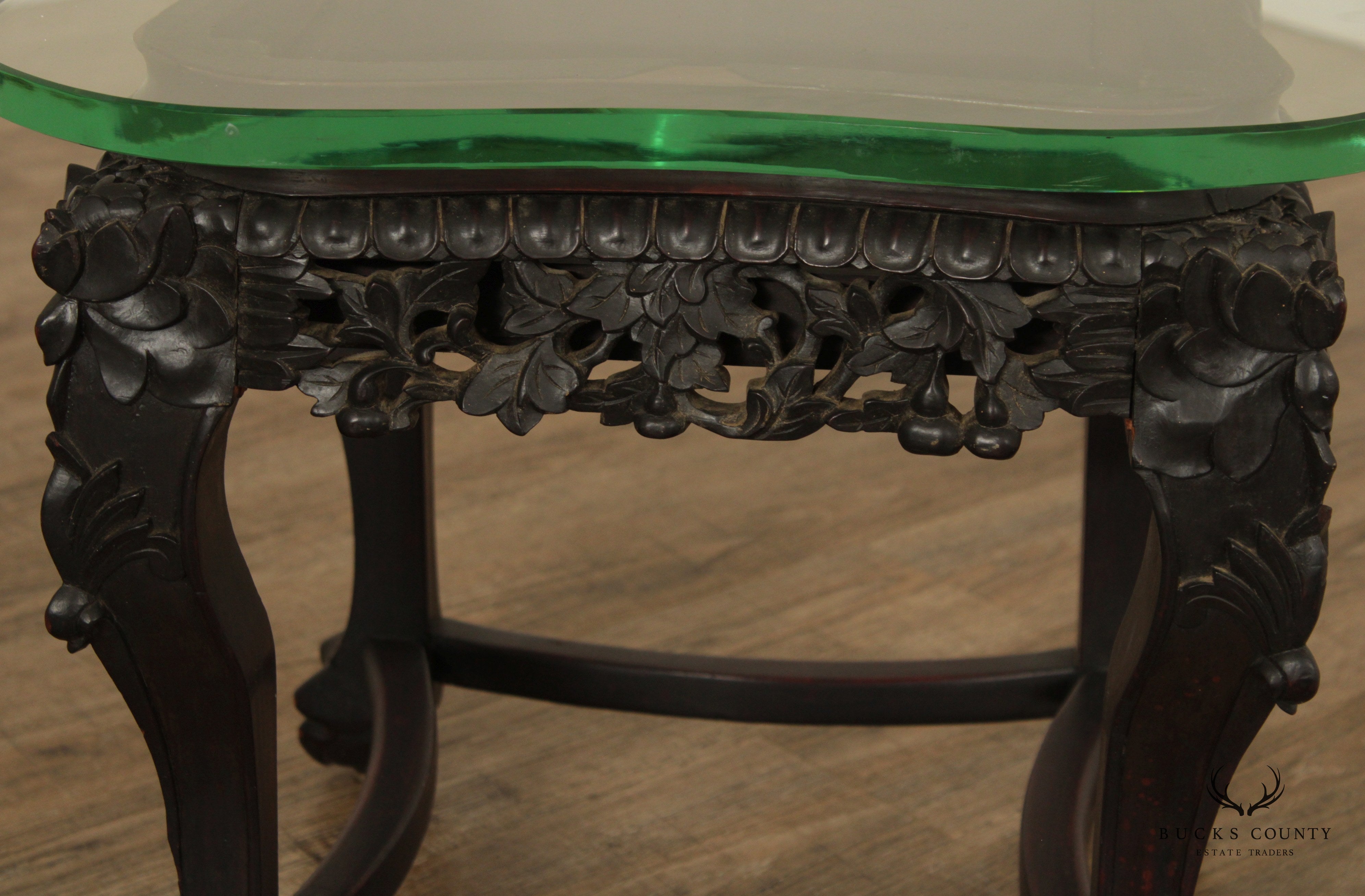 Antique Asian Ornate Carved Tabouret Side Table with Glass Top