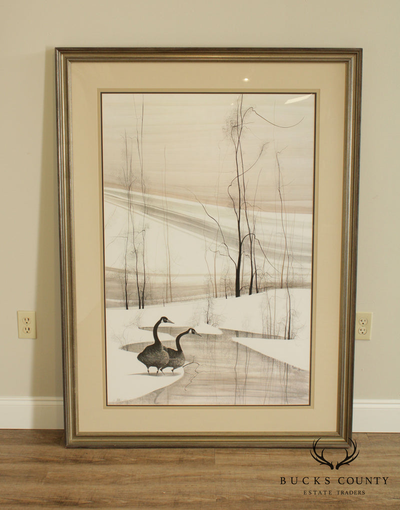 P. Buckley Moss Large Frame Signed Lithograph Winter Scene with Geese