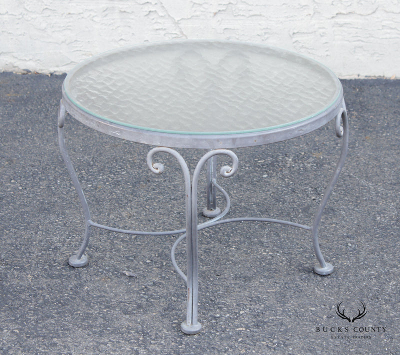 French Style Vintage Scrolled Wrought Iron Round Glass Top Outdoor Cocktail Table