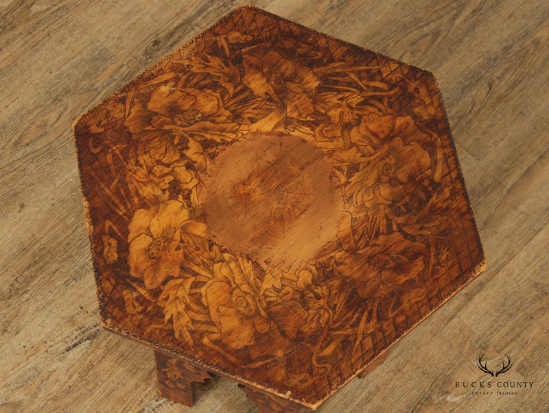Antique Rustic European Style Floral Pyrography Side Table