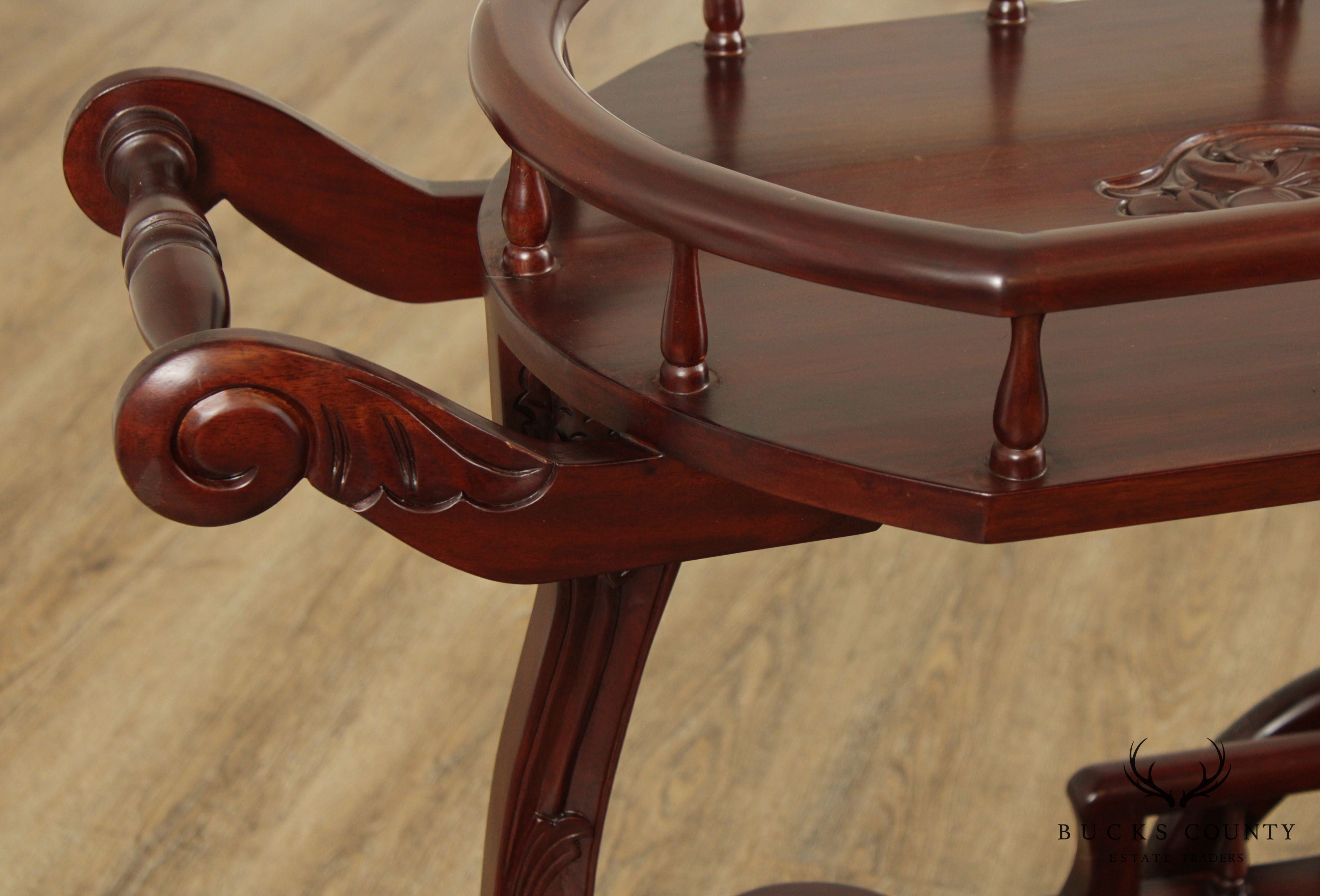 Vintage Solid Mahogany Wood Carved Tea Cart