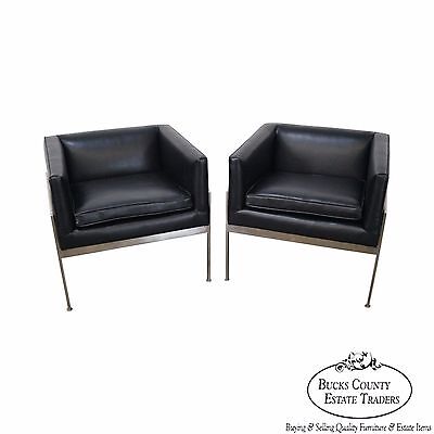 Knoll Pair Mid Century Modern Chrome Frame Black Leather Lounge Chairs (B)