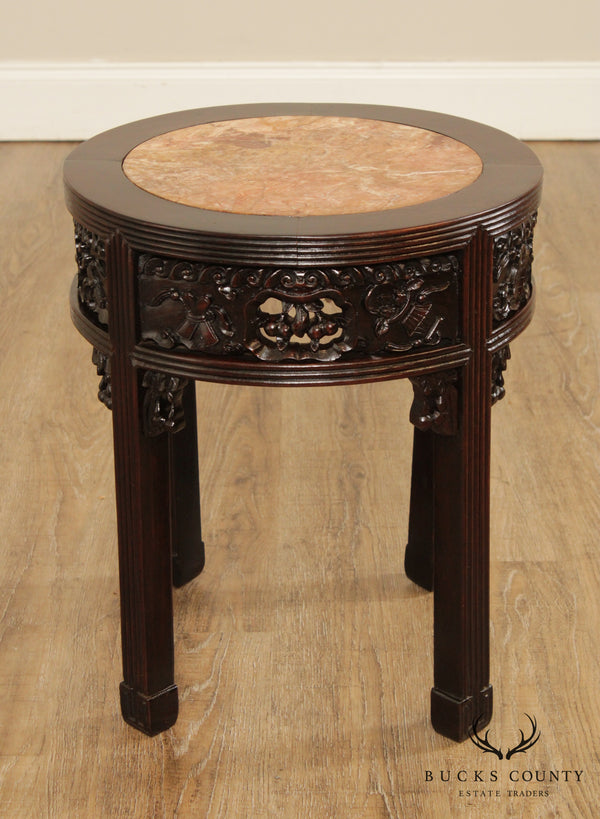 Vintage Carved Asian Round Marble Top Side Table