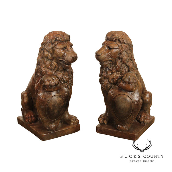 English Traditional Pair of Cast Stone Heraldic Lion Statues