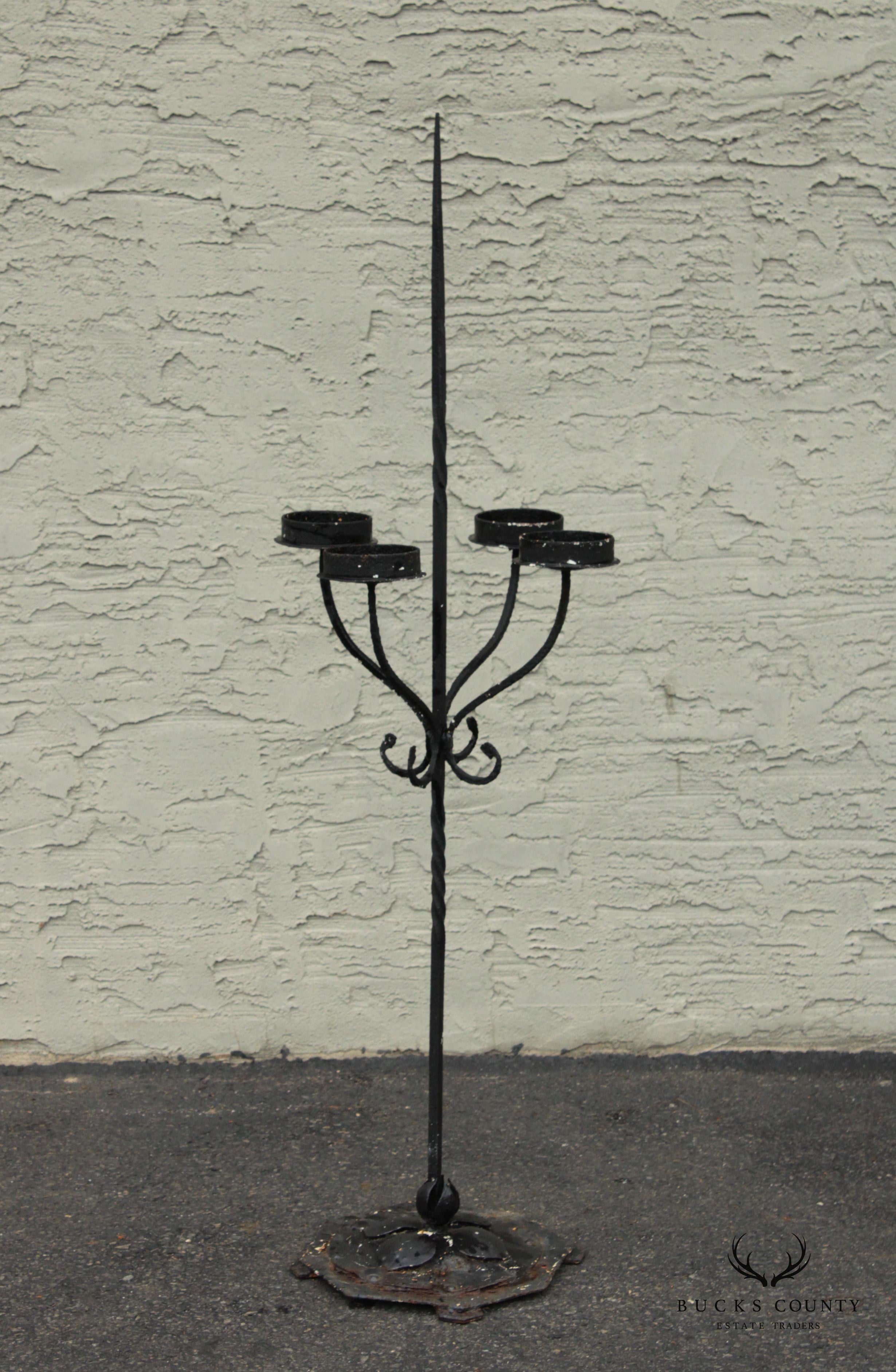 Gothic Revival Style Wrought Iron Outdoor Pillar Floor Candelabrum