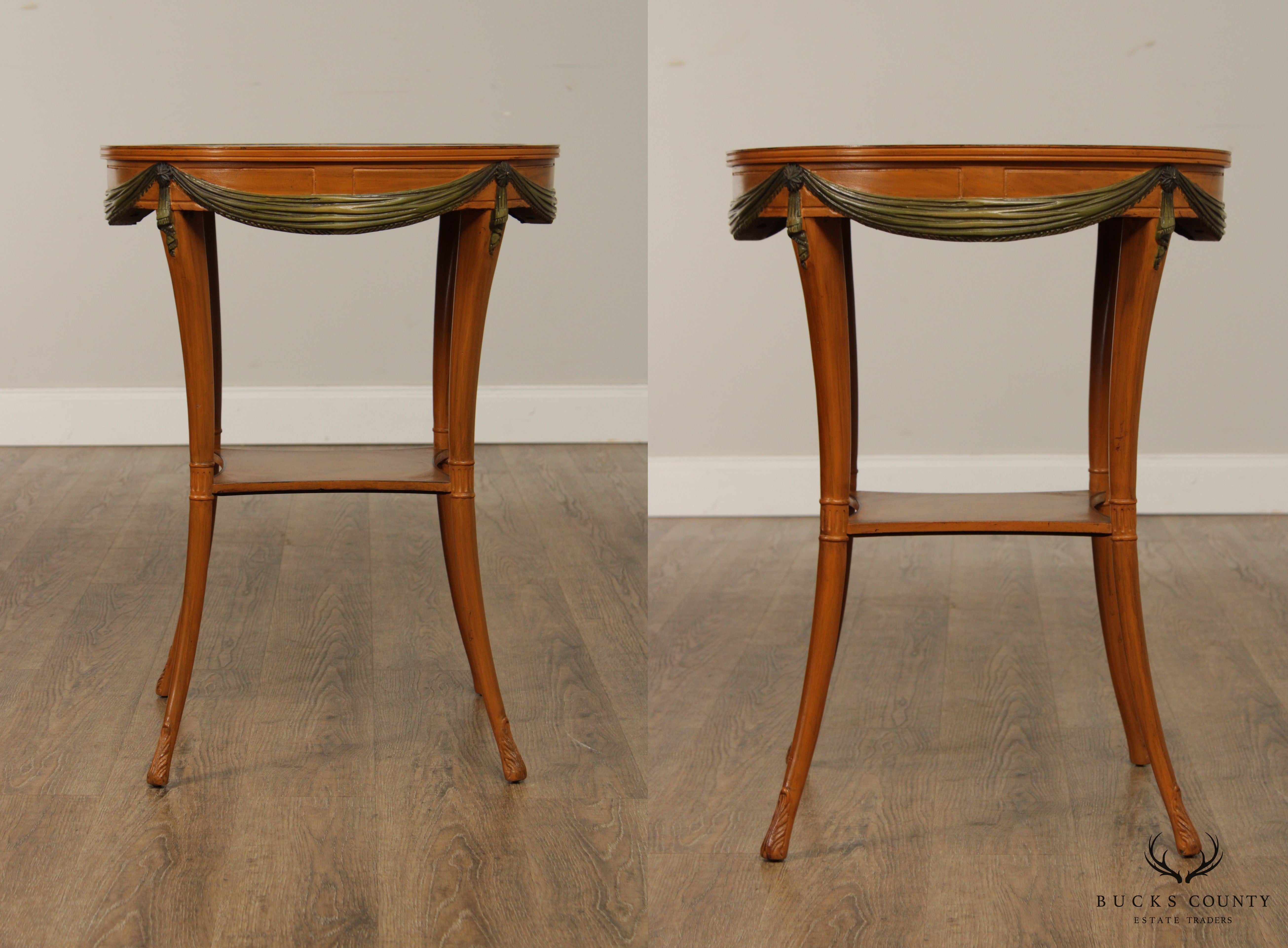 1930's Fine Quality Adams Style Hand Painted Pair Satinwood Side Tables