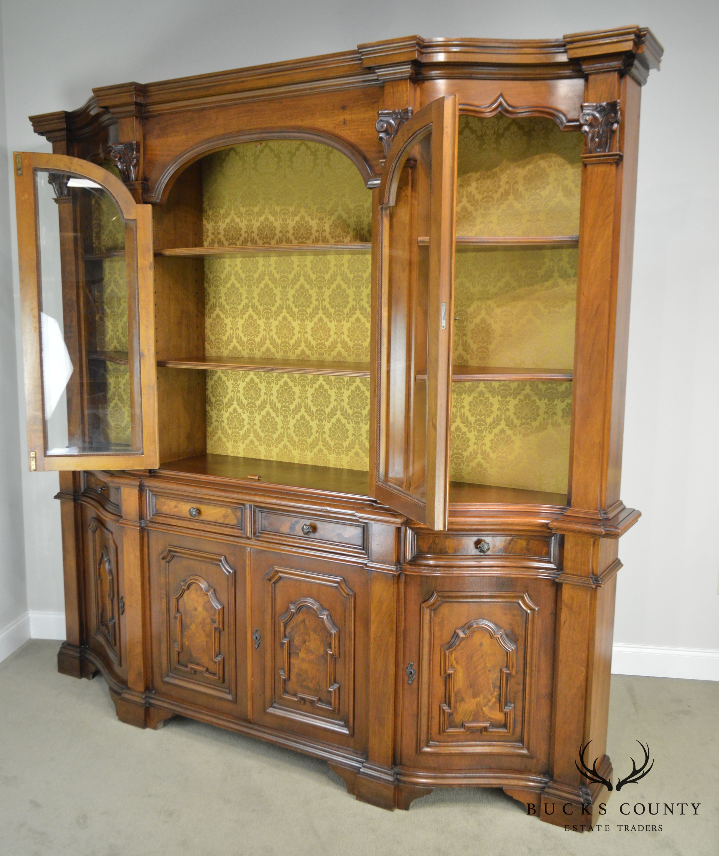 Italian Walnut Vintage 1960's Large Walnut Bookcase Breakfront