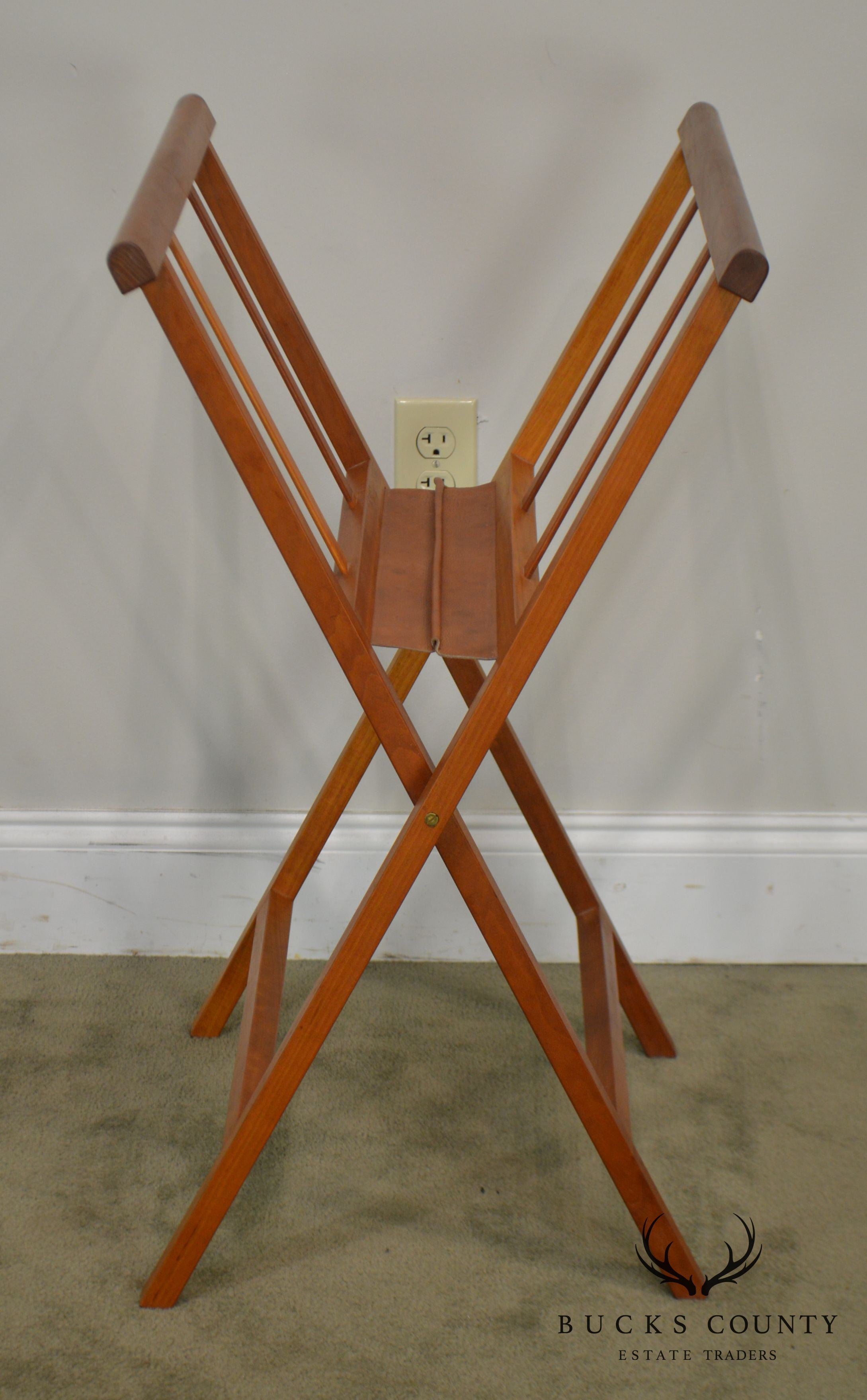 Danish Modern Style Pair Teak & Leather Folding Stands