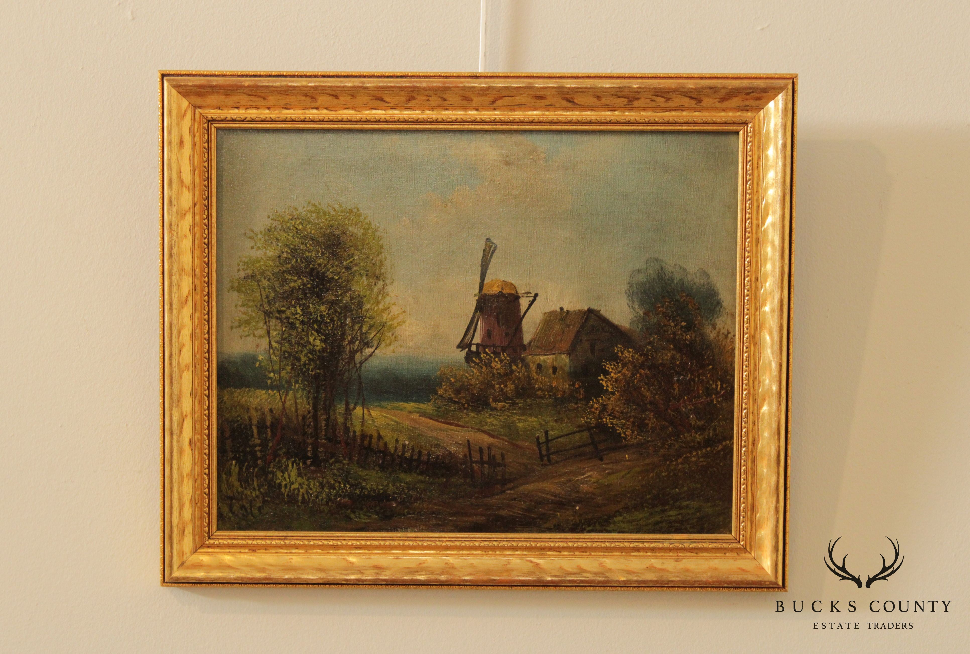 Antique 19th C. Dutch Windmill Cottage Original Painting