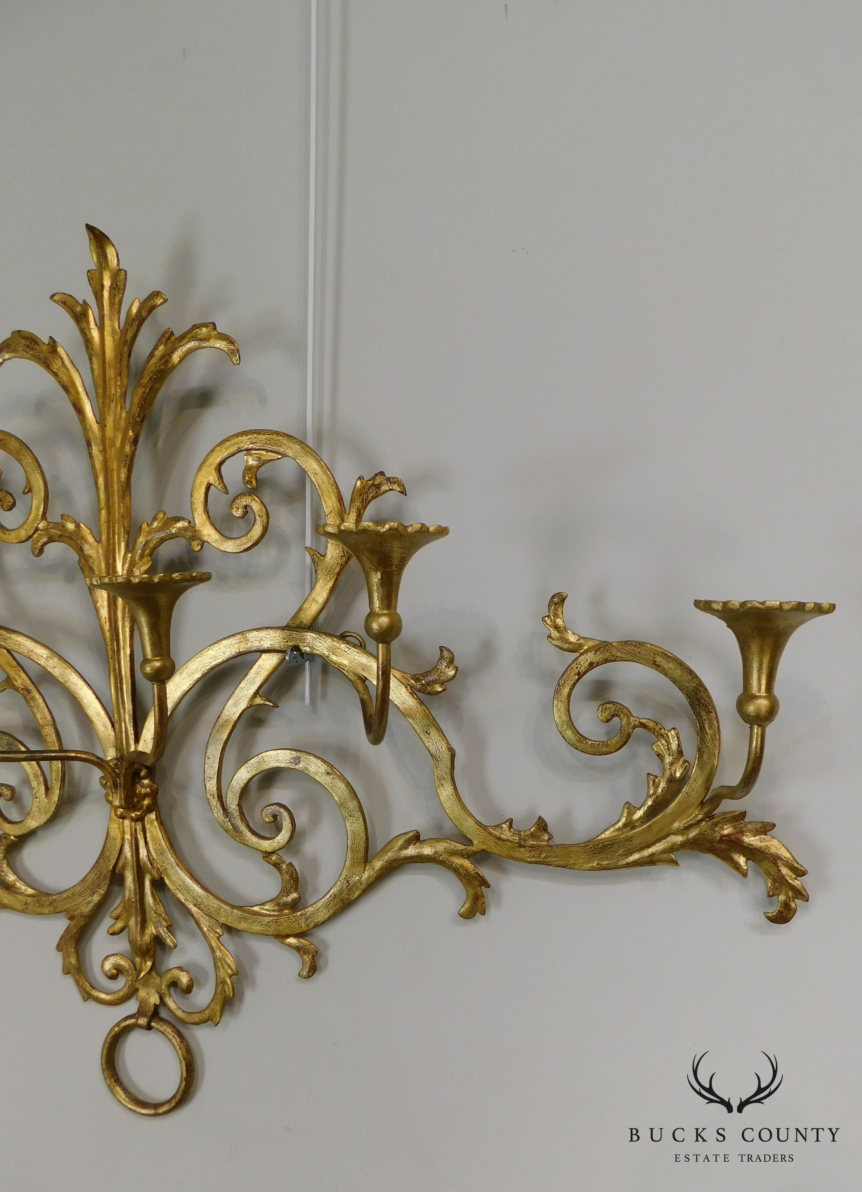 1950's Italian Gilt Metal Large 6 Candle Holder Wall Sconce