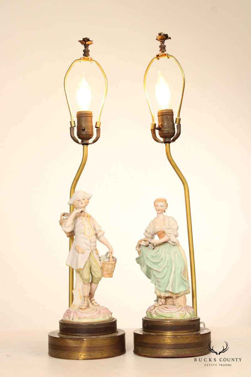 Vintage Rococo Style Pair Porcelain Figurine Table Lamps