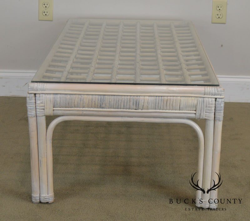 Vintage White Wash Rattan Glass Top Coffee Table