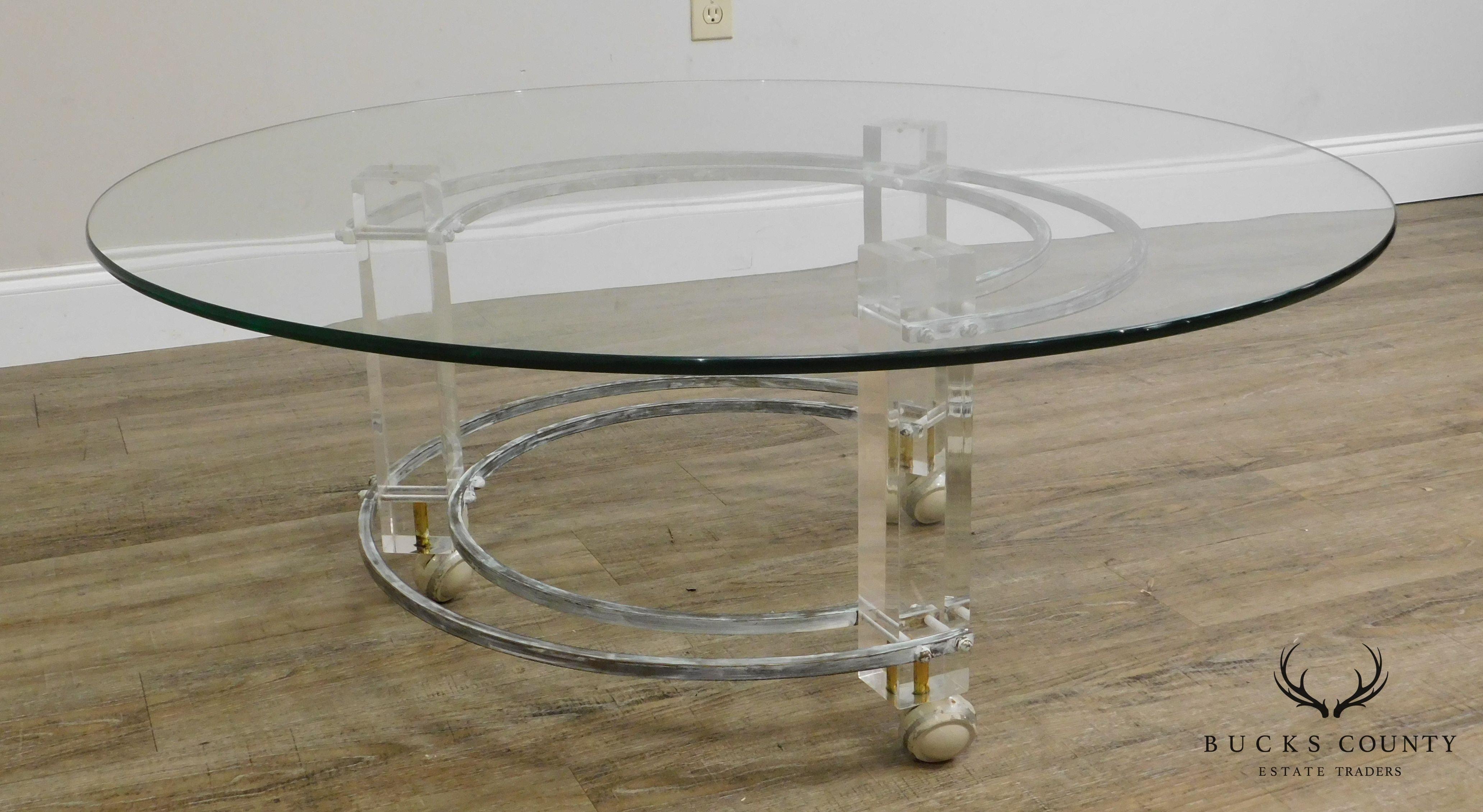 Charles Hollis Jones Mid Century Modern Brass & Lucite Round Glass Top Coffee Table