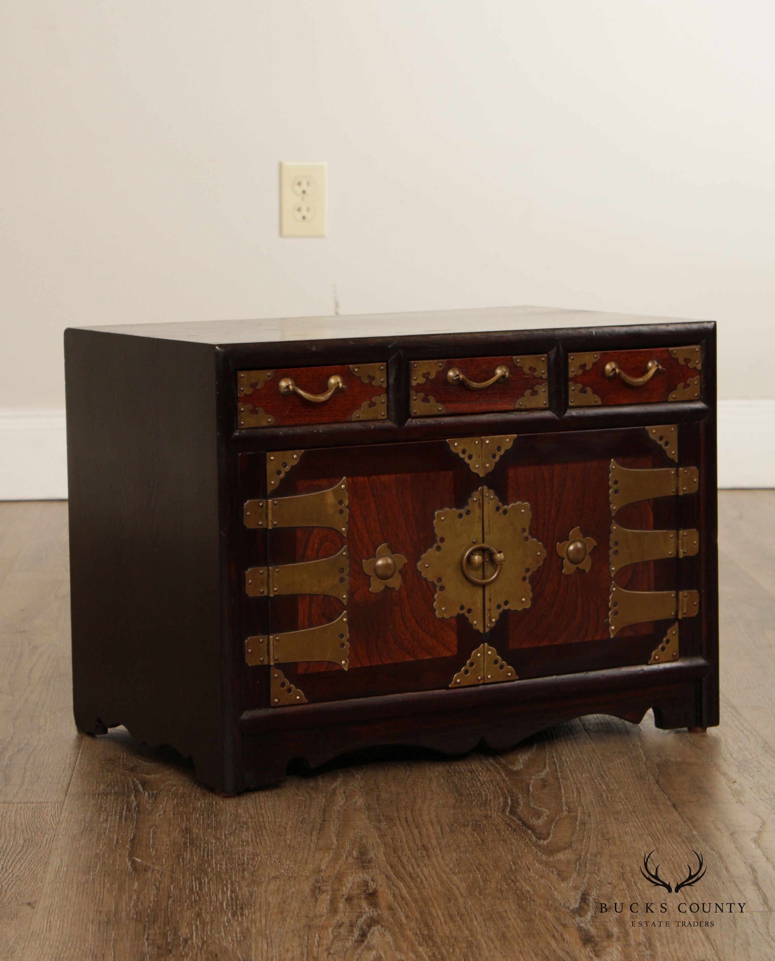 Vintage Korean Pair of Elm and Brass Valuables Chests