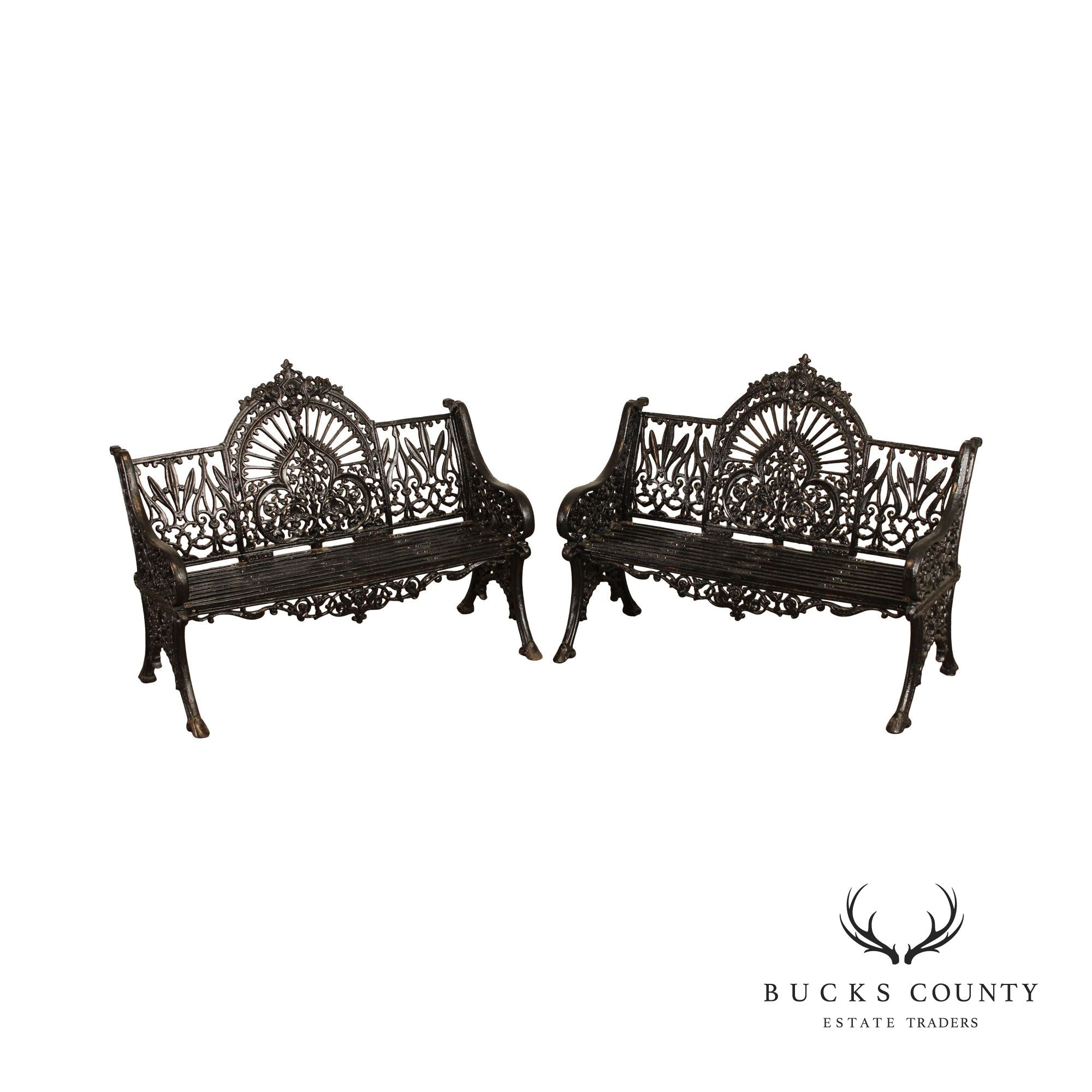 Pierce Wexford Victorian Style Pair of Cast Iron Outdoor Garden Benches