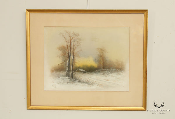 American 20th C. Farmhouse Landscape Pastel Drawing, Signed
