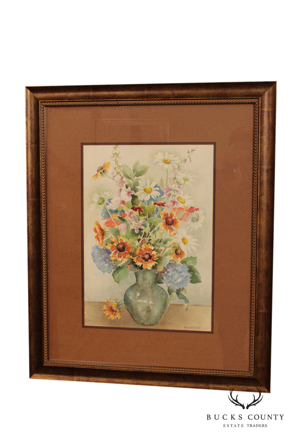 M. Herdt Original Water Color Painting Still Life, Flowers in Vase