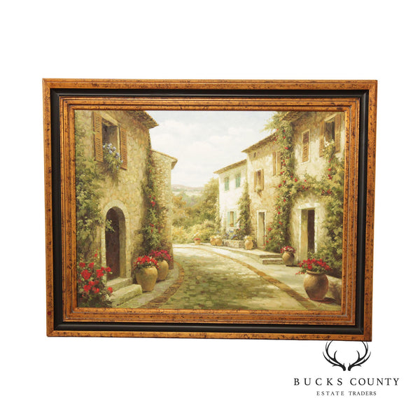 Steven Harvey Rustic European Village Scene Oil on Canvas, Custom Framed