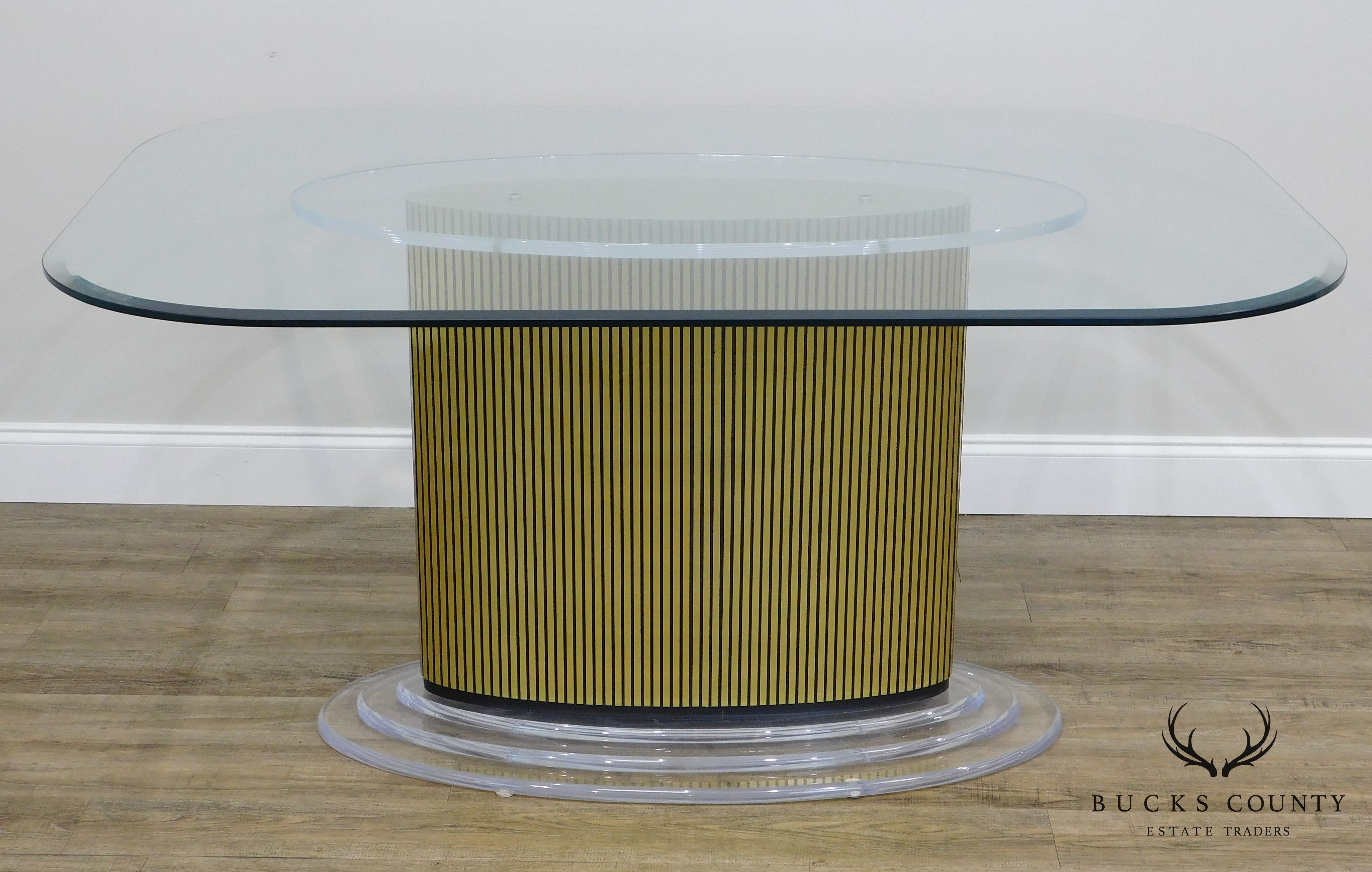 Mid Century Modern Lucite and Gold pedestal Base Glass Top Dining Table